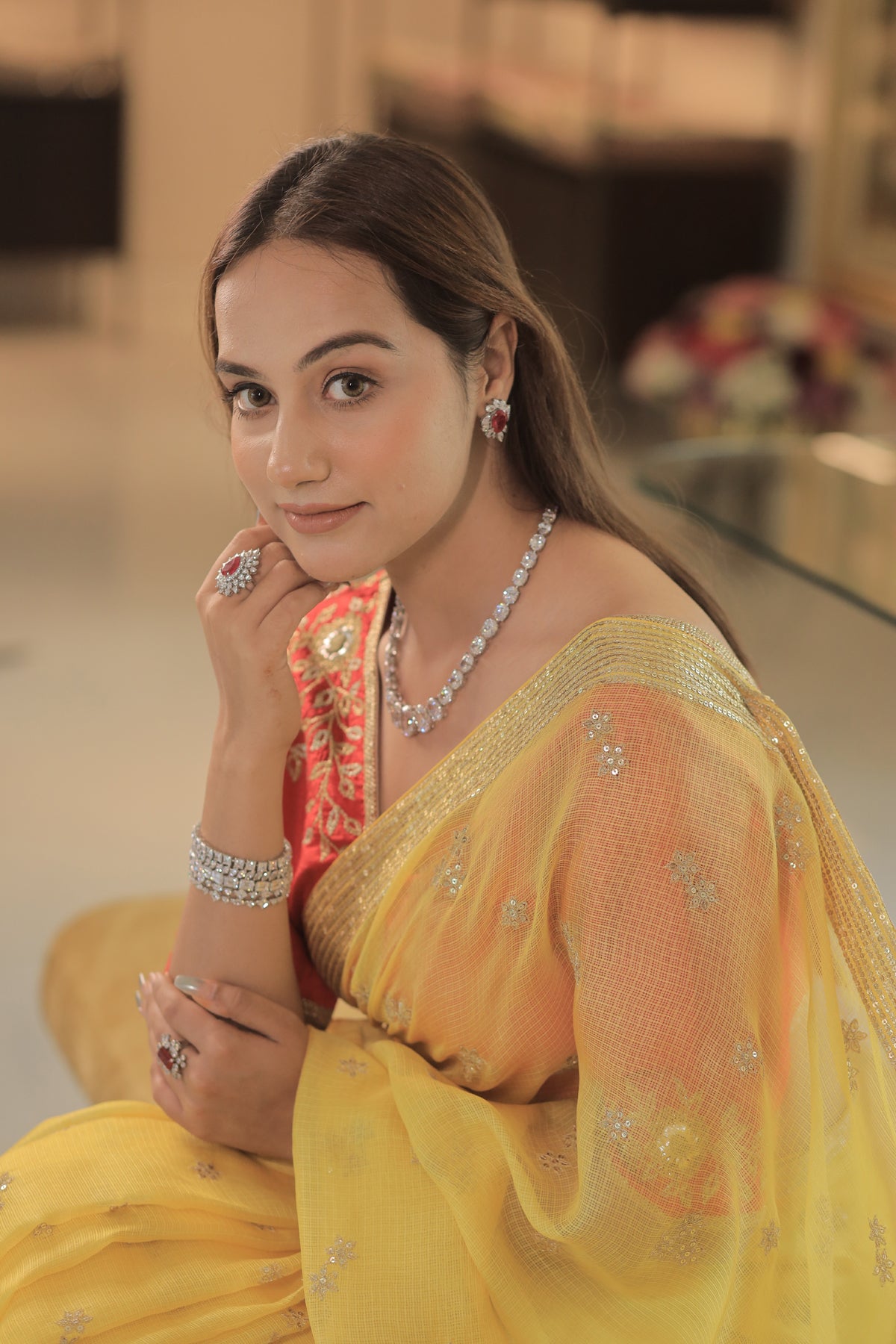 Kota Silk Zari Sequence Line Border With Cluster Flower Buti Embroidery Yellow Saree
