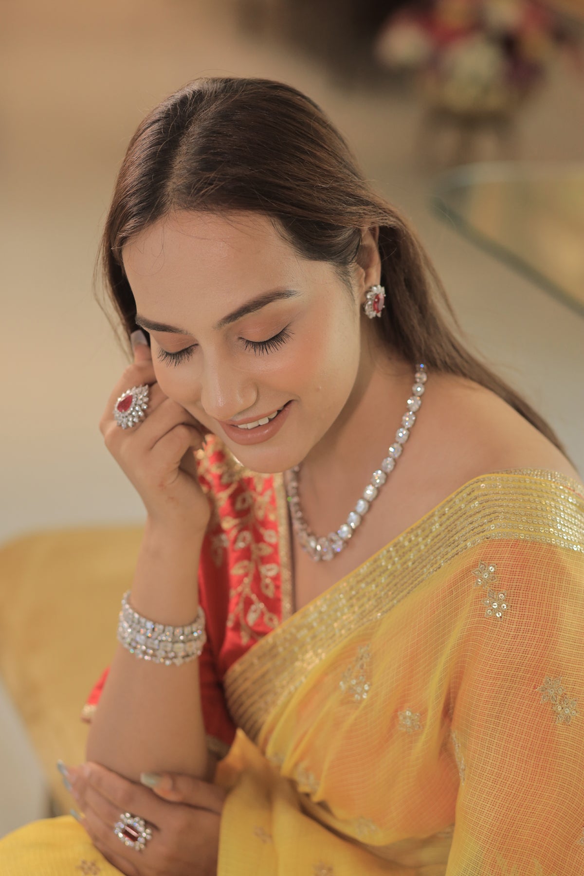 Kota Silk Zari Sequence Line Border With Cluster Flower Buti Embroidery Yellow Saree