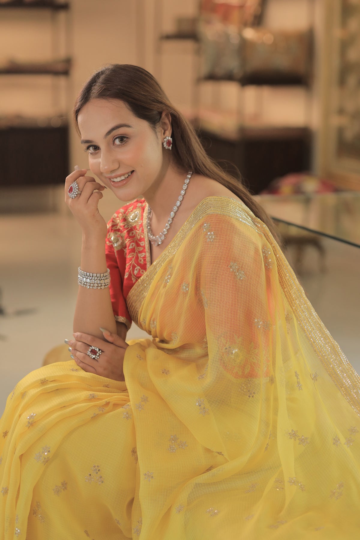 Kota Silk Zari Sequence Line Border With Cluster Flower Buti Embroidery Yellow Saree