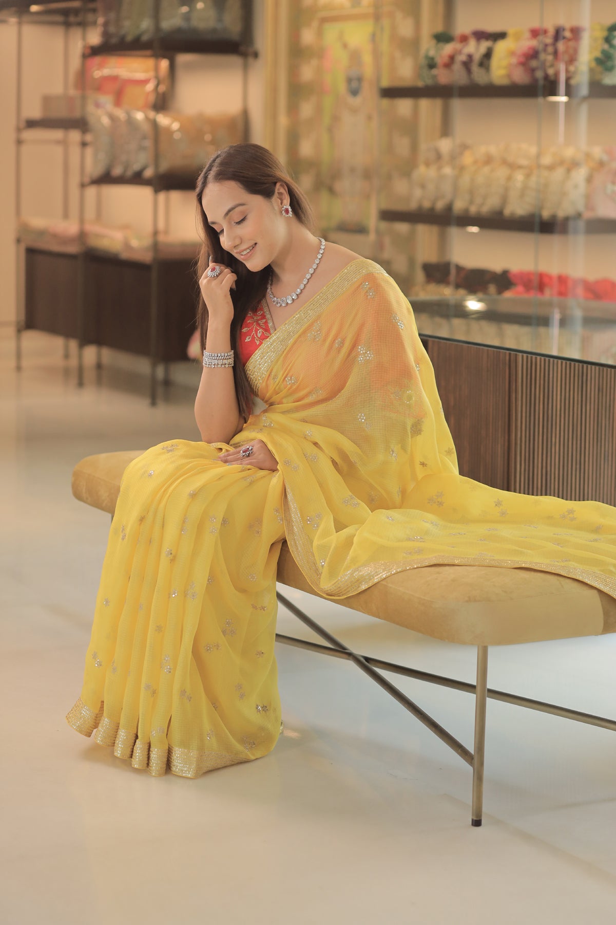 Kota Silk Zari Sequence Line Border With Cluster Flower Buti Embroidery Yellow Saree