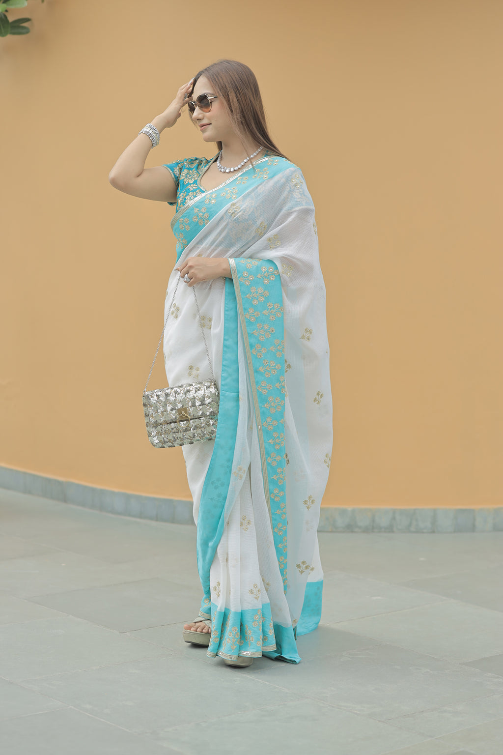Kota Silk Aqua Border Aari Embroidery Flower Buti Skirt Border Off White Saree
