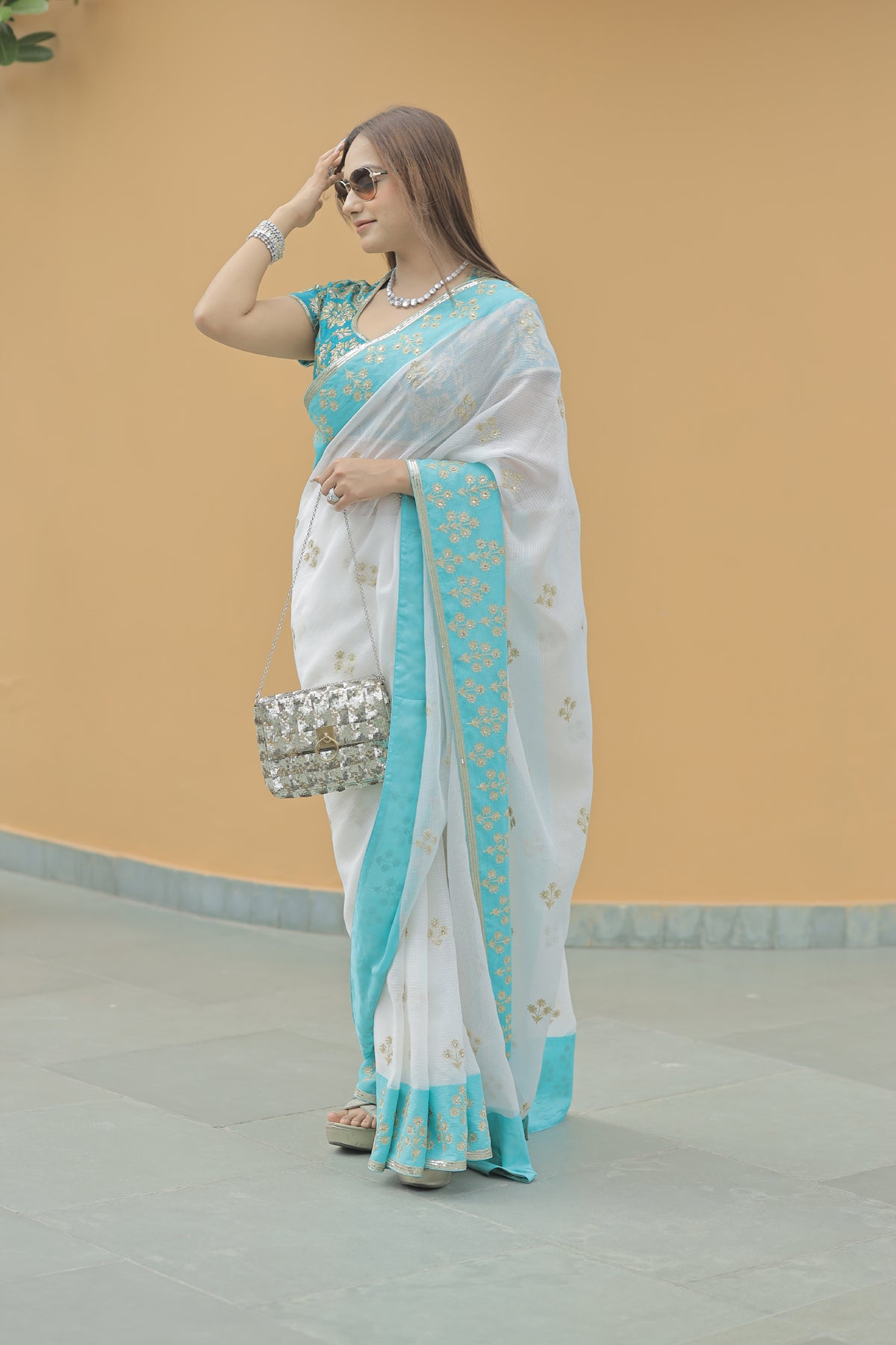 Kota Silk Aqua Border Aari Embroidery Flower Buti Skirt Border Off White Saree