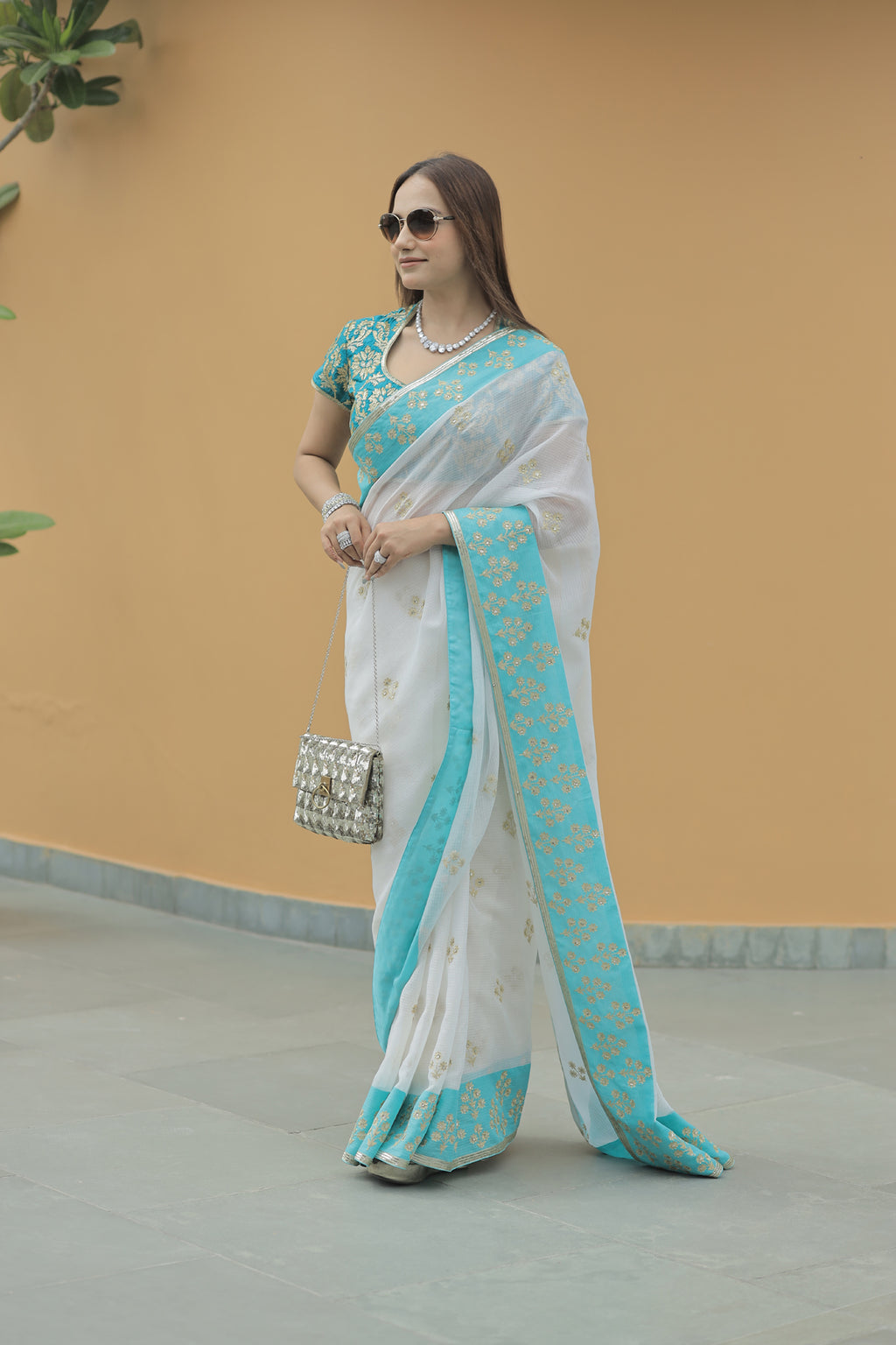 Kota Silk Aqua Border Aari Embroidery Flower Buti Skirt Border Off White Saree