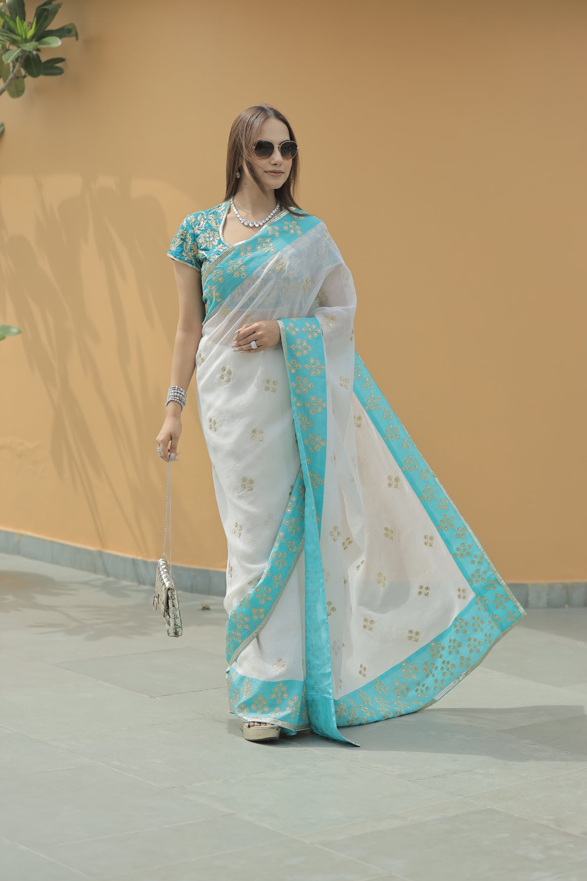 Kota Silk Aqua Border Aari Embroidery Flower Buti Skirt Border Off White Saree