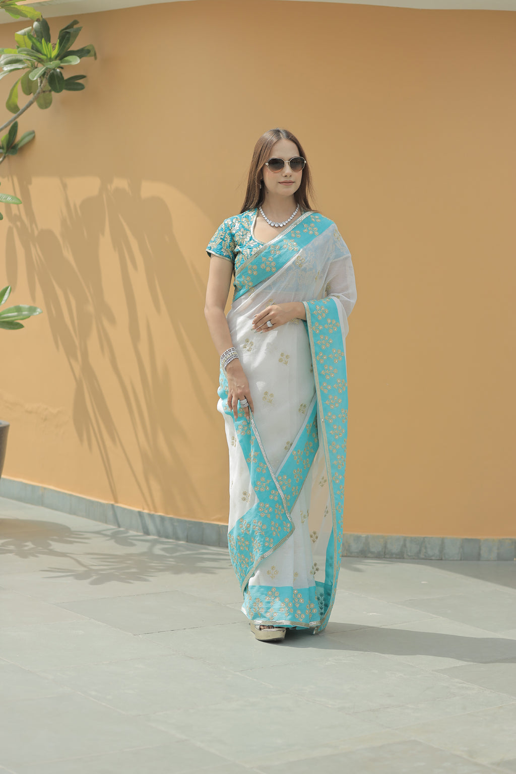 Kota Silk Aqua Border Aari Embroidery Flower Buti Skirt Border Off White Saree