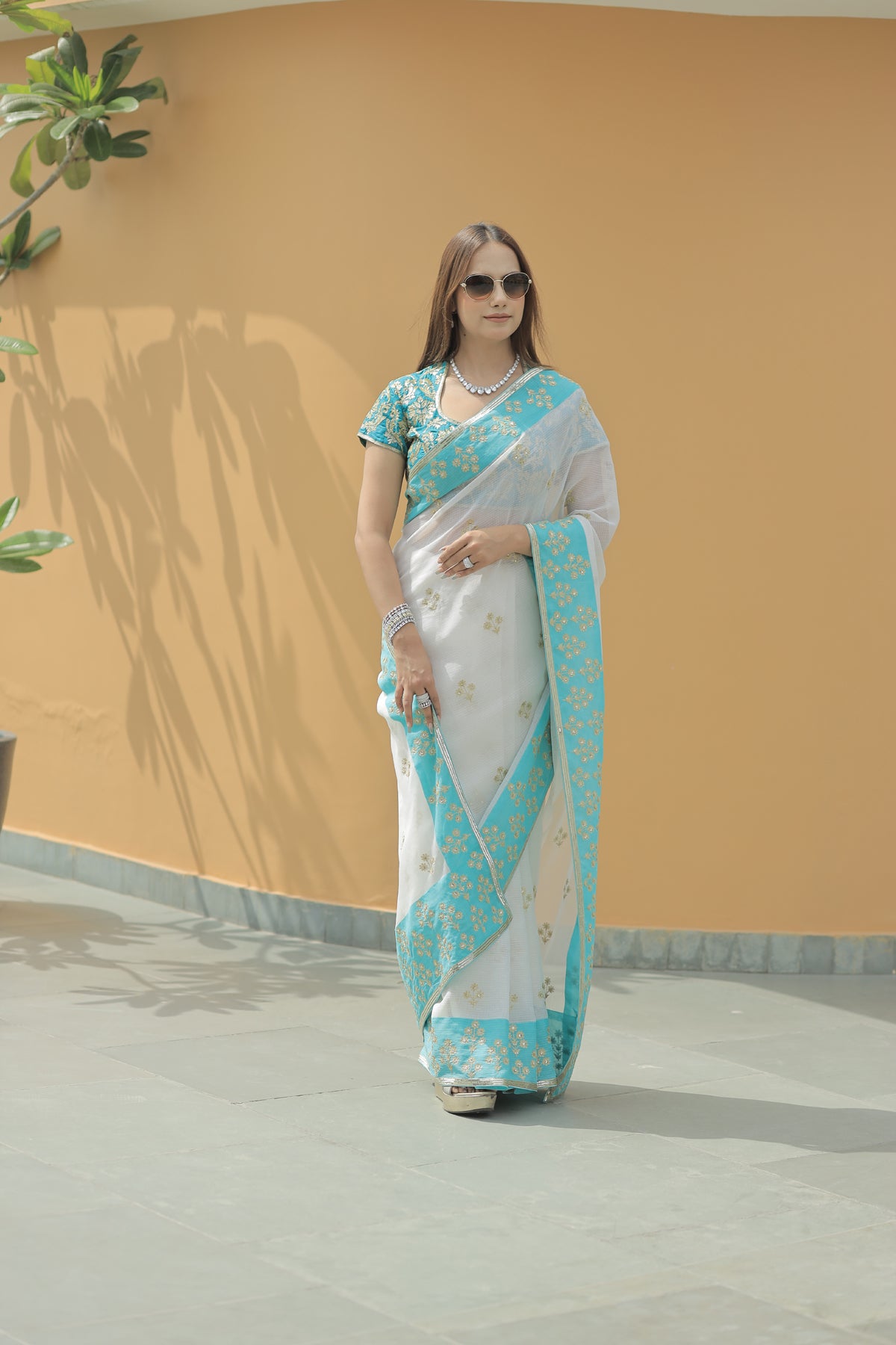 Kota Silk Aqua Border Aari Embroidery Flower Buti Skirt Border Off White Saree