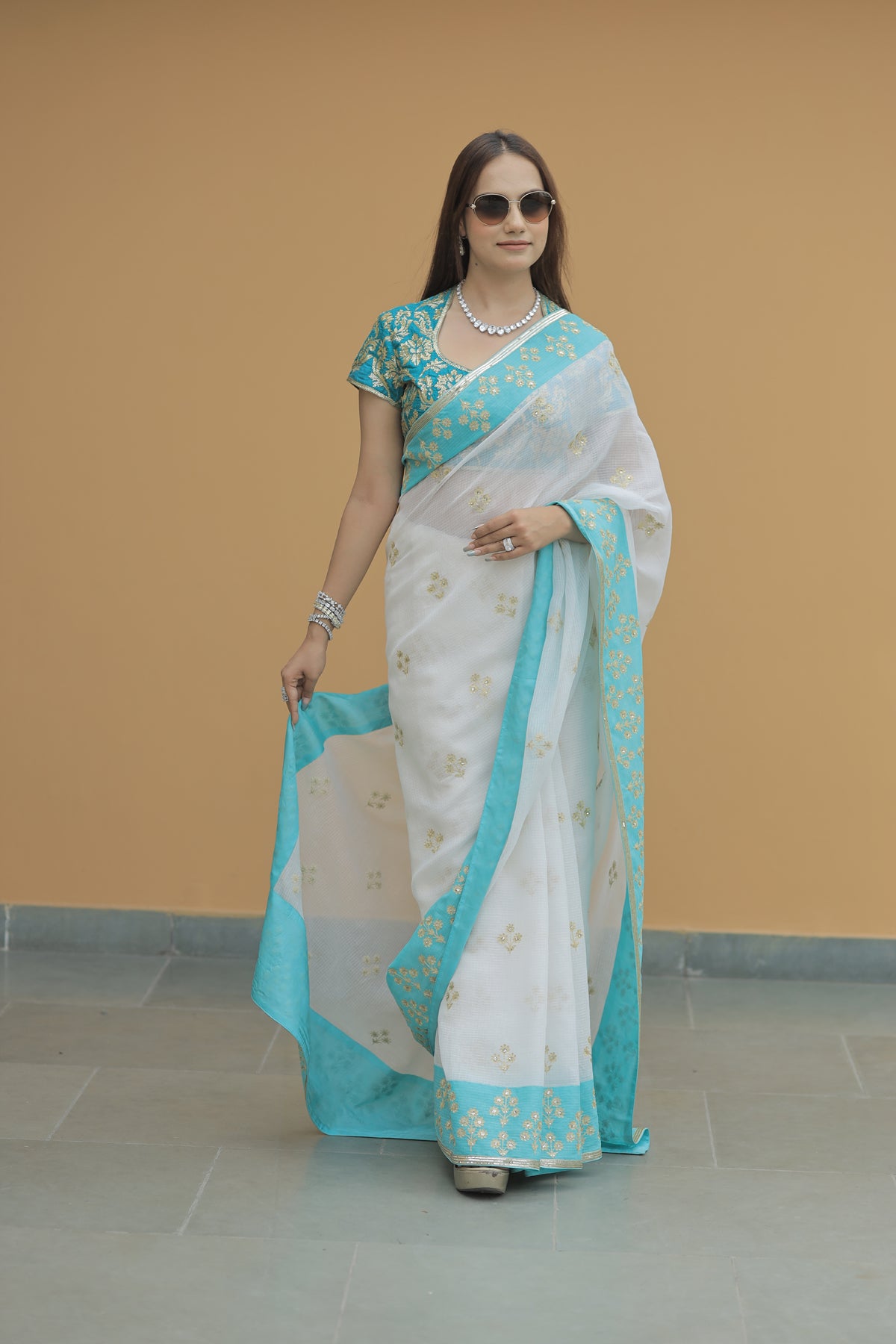 Kota Silk Aqua Border Aari Embroidery Flower Buti Skirt Border Off White Saree