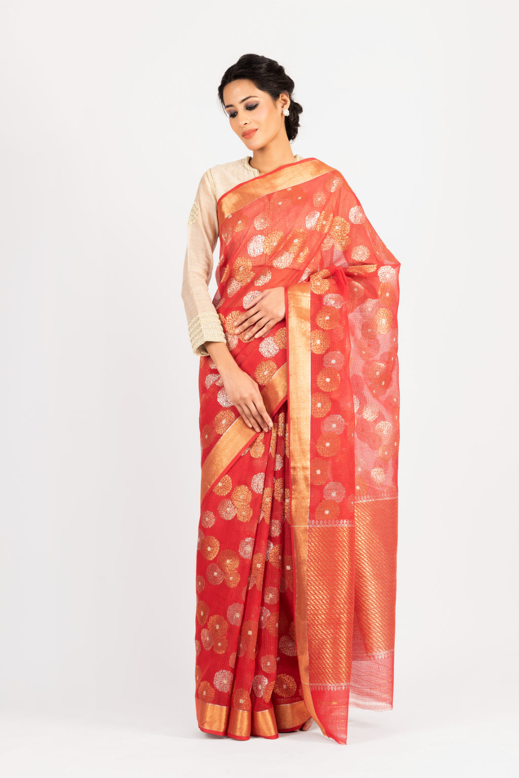 Kota Tissue Gulbahar Buta Zari With Badla Meena Saree - Red