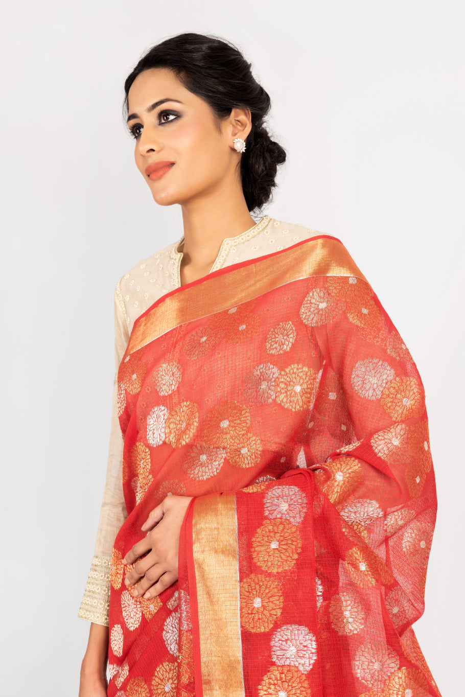 Kota Tissue Gulbahar Buta Zari With Badla Meena Saree - Red
