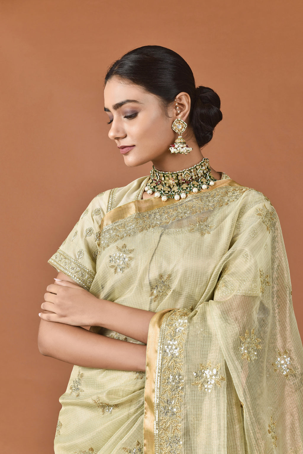 Kota Tissue Lily Flower Border With Buties Embroidery Saree