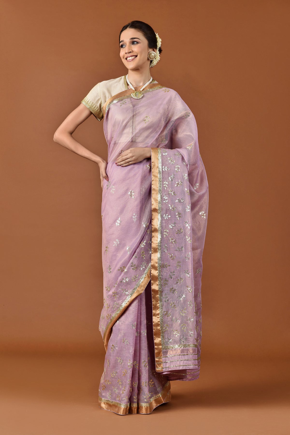 Kota Tissue Graded Leaf Sequence Embroidery Saree