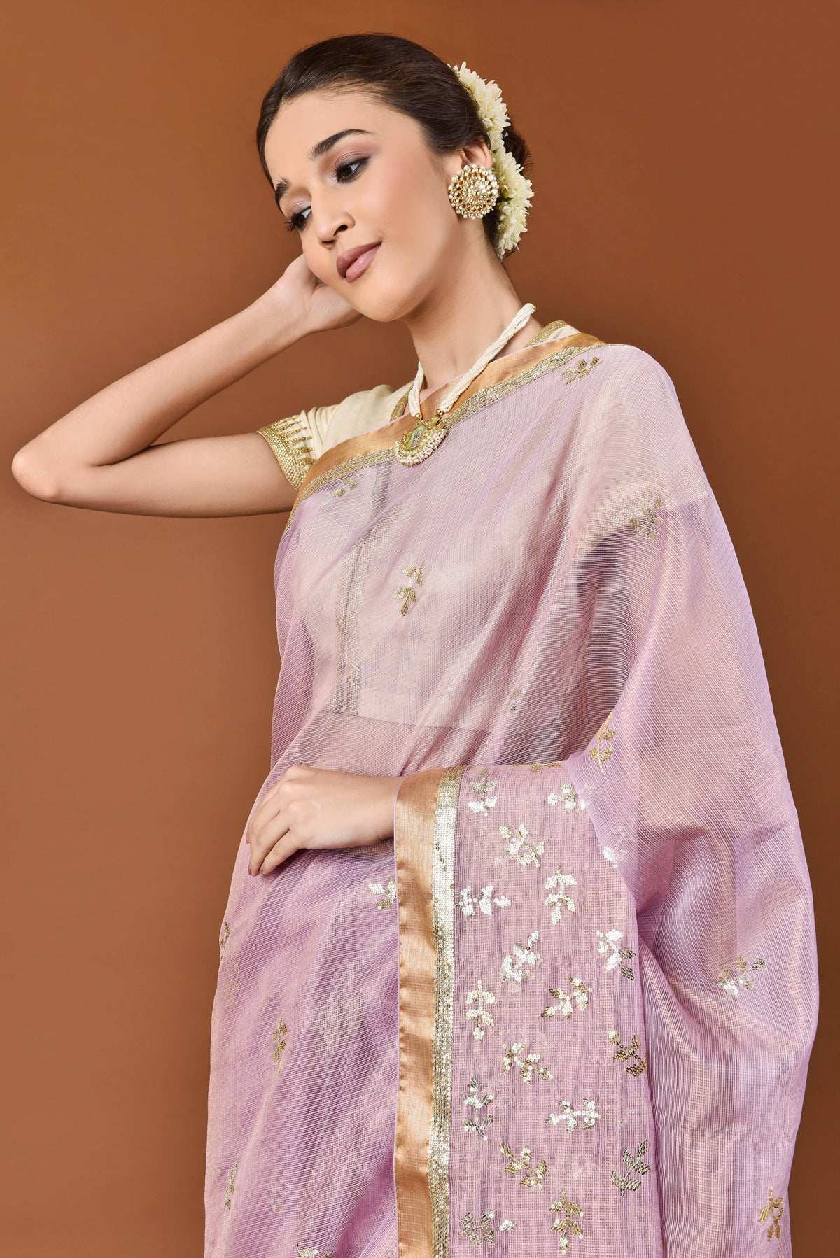 Kota Tissue Graded Leaf Sequence Embroidery Saree