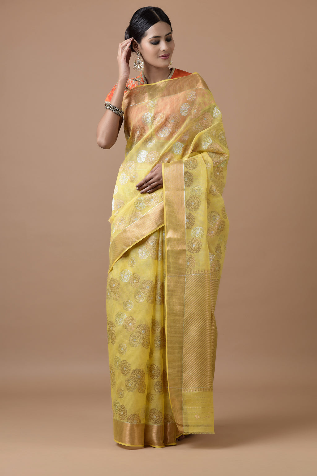 Kota Tissue Gulbahar Buta Zari With Badla Meena Saree - Yellow