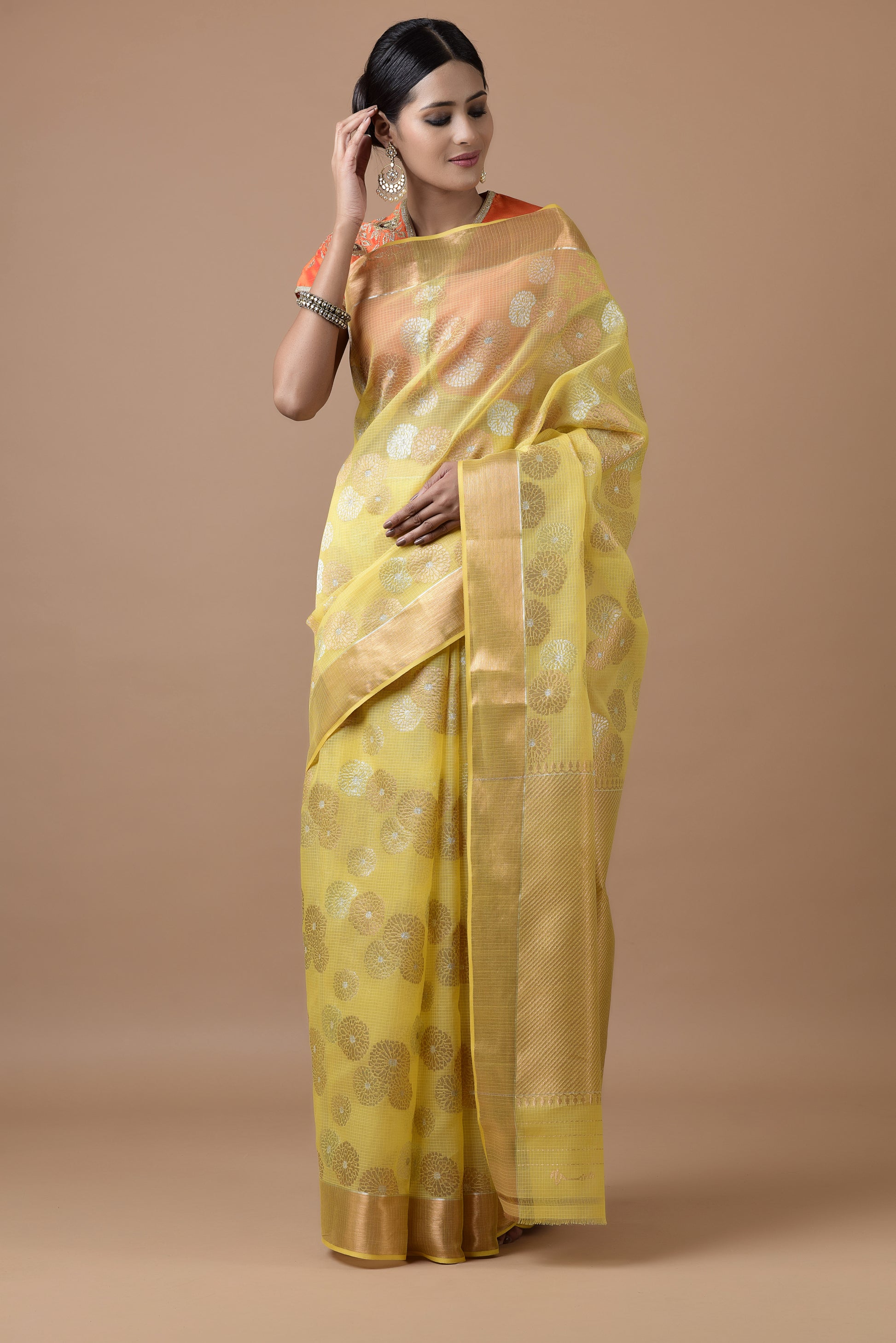 Kota Tissue Gulbahar Buta Zari With Badla Meena Saree - Yellow