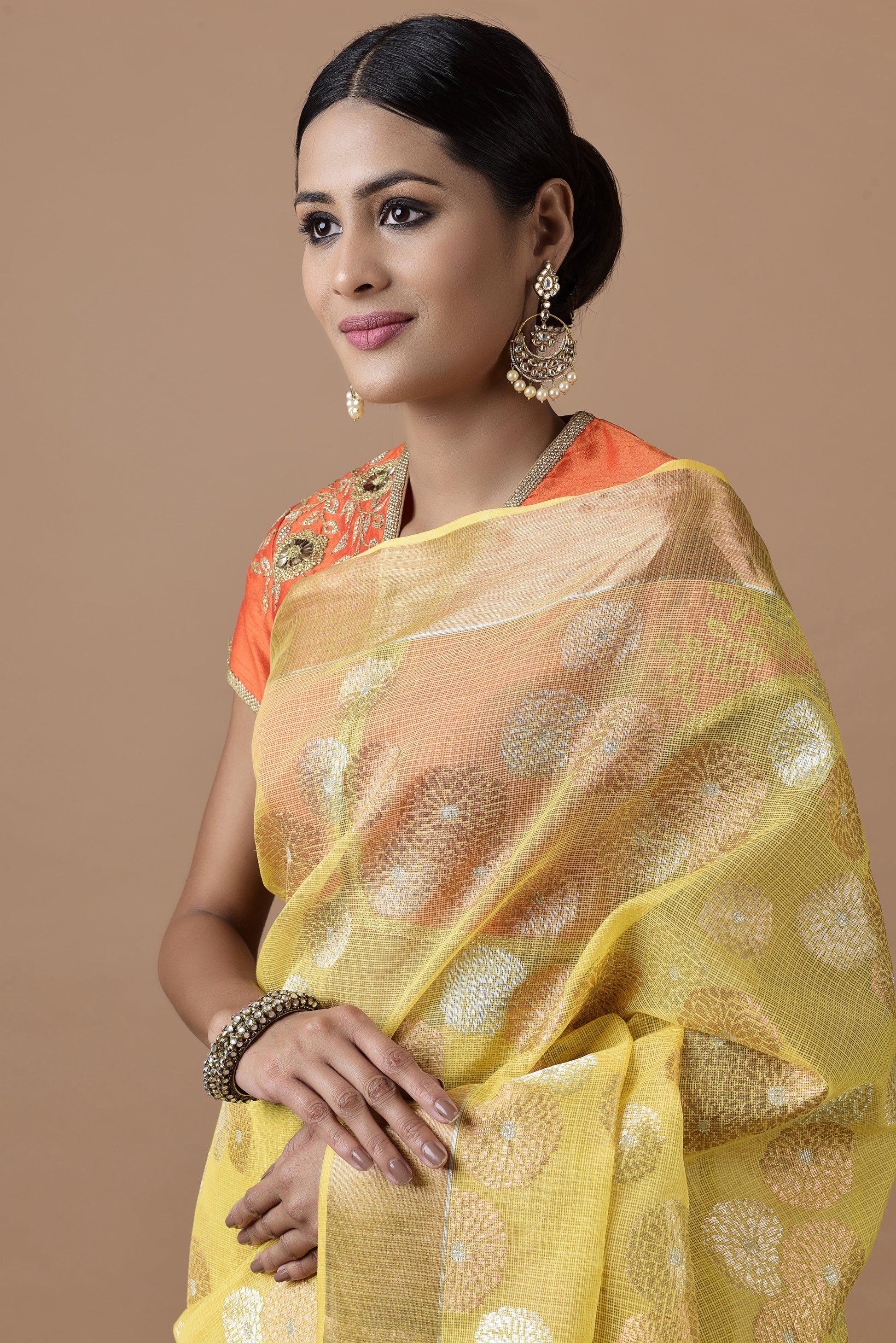Kota Tissue Gulbahar Buta Zari With Badla Meena Saree - Yellow