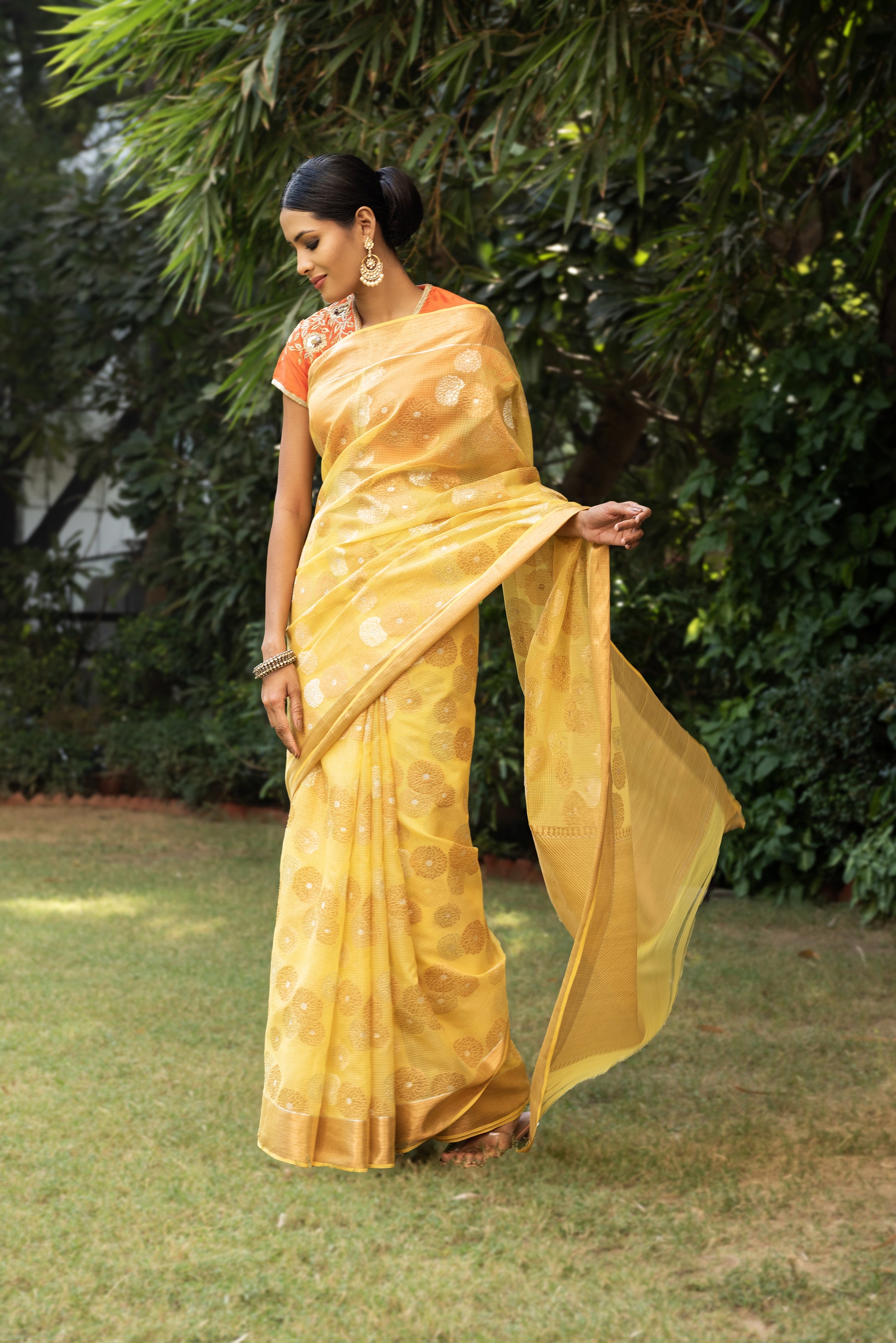 Kota Tissue Gulbahar Buta Zari With Badla Meena Saree - Yellow
