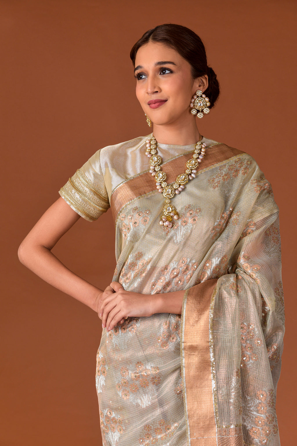 Kota Tissue Saree – Grey | Guldasta Placement Embroidery with Badla, Meena & Sequin Highlights | Rose Gold Zari Border | Women’s Luxury Festive Saree