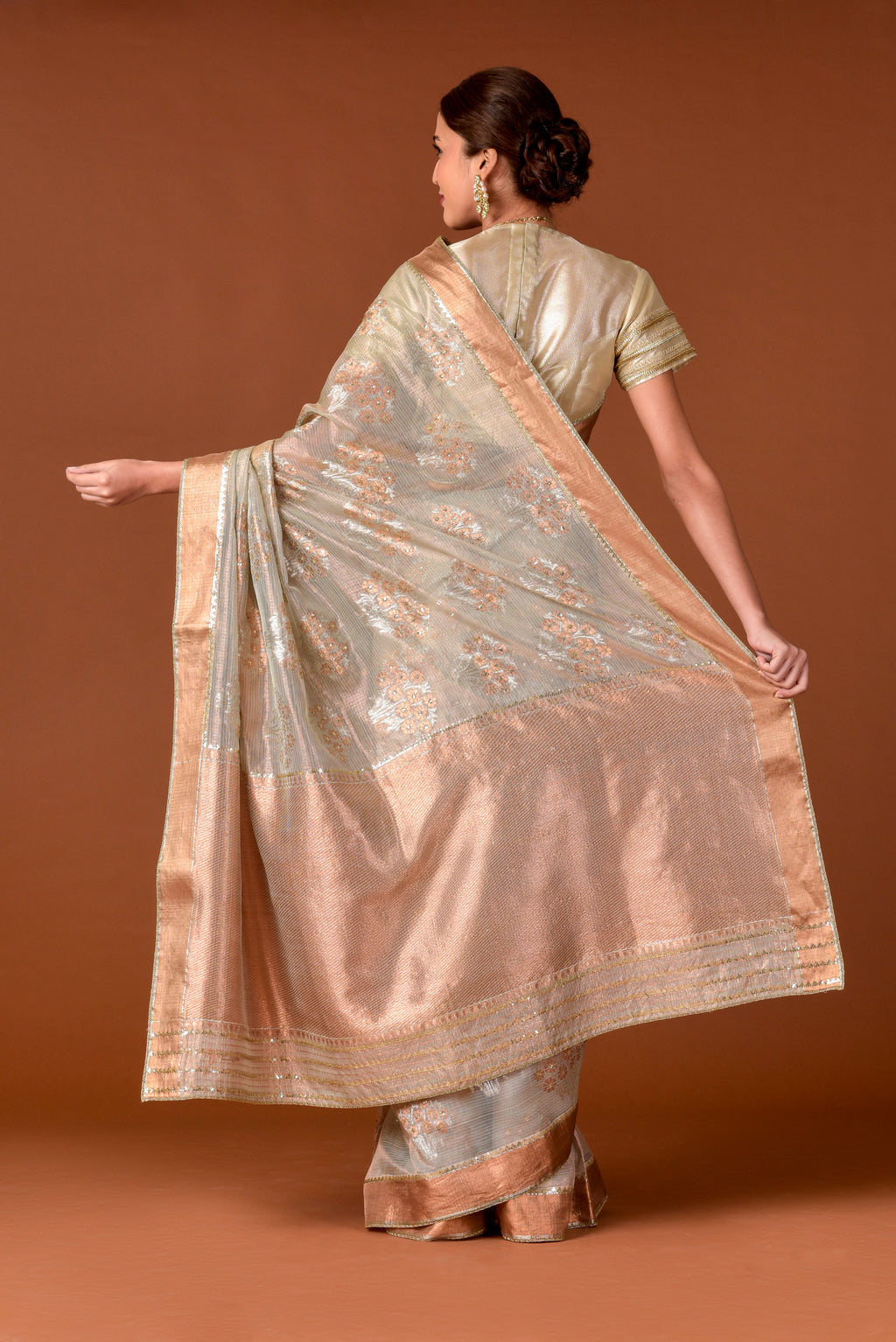 Kota Tissue Saree – Grey | Guldasta Placement Embroidery with Badla, Meena & Sequin Highlights | Rose Gold Zari Border | Women’s Luxury Festive Saree