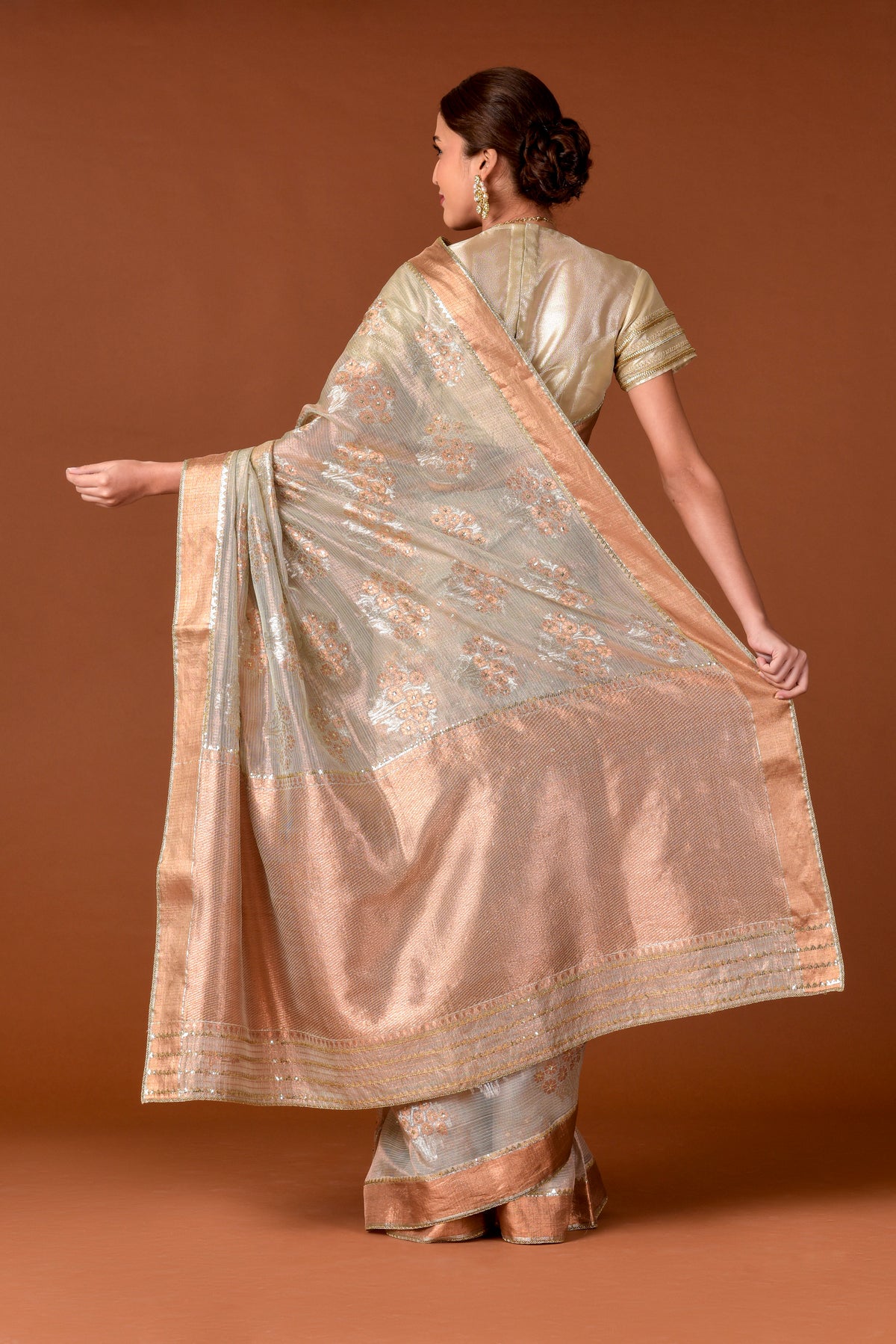 Kota Tissue Saree – Grey | Guldasta Placement Embroidery with Badla, Meena & Sequin Highlights | Rose Gold Zari Border | Women’s Luxury Festive Saree