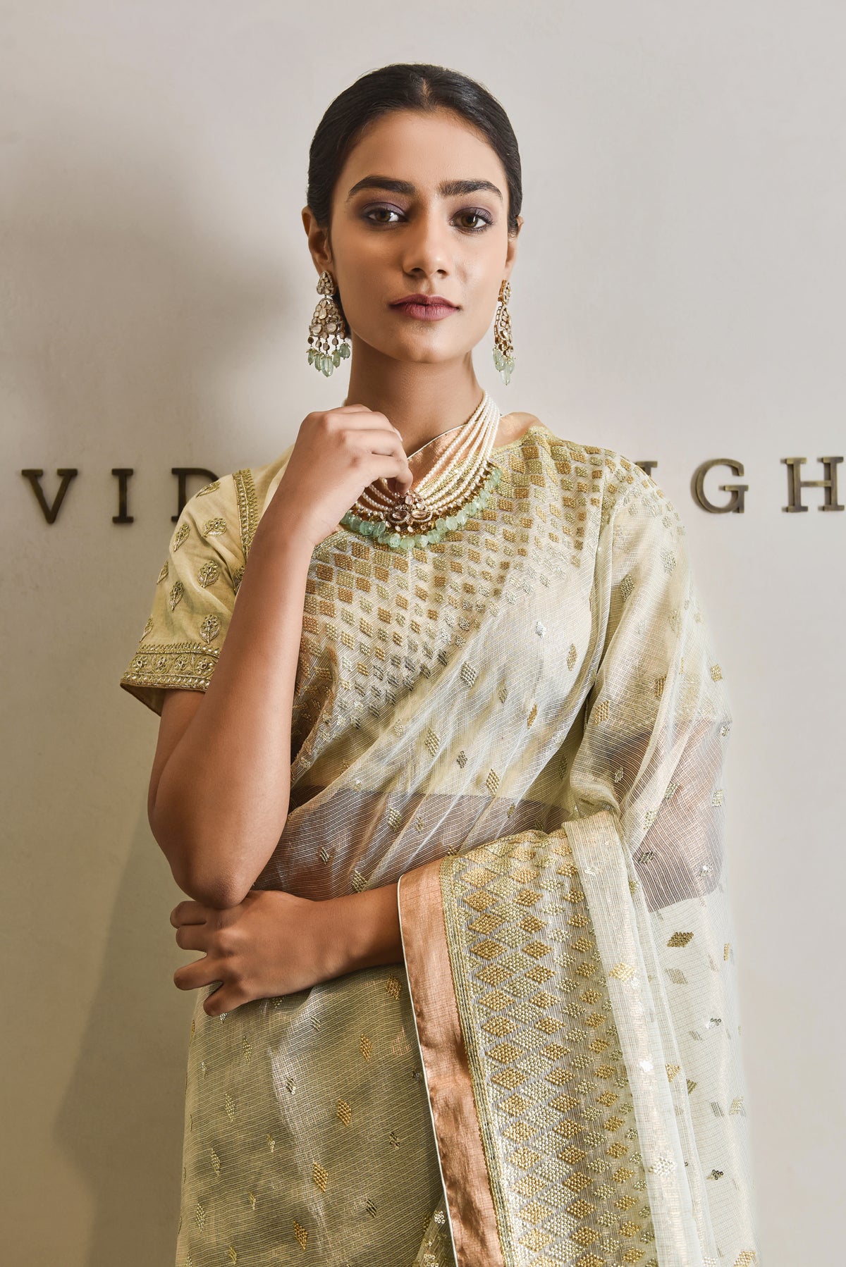 Kota Tissue Grded Diamond Embroidery Saree
