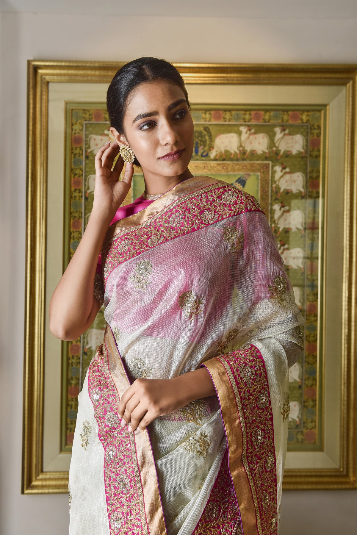 Kota Tissue Gulbahar Border Tape With Buties Embroidery Saree