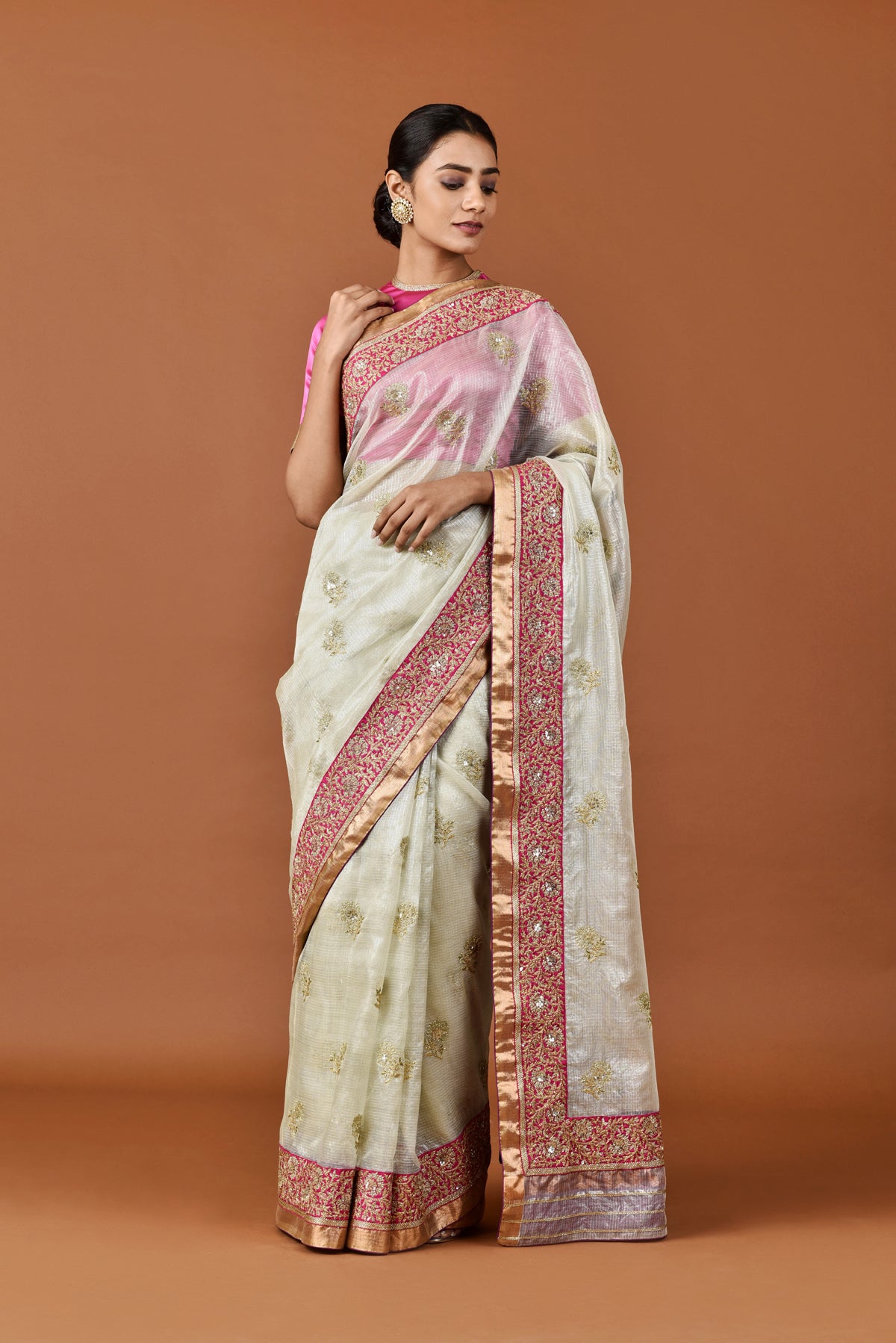 Kota Tissue Gulbahar Border Tape With Buties Embroidery Saree