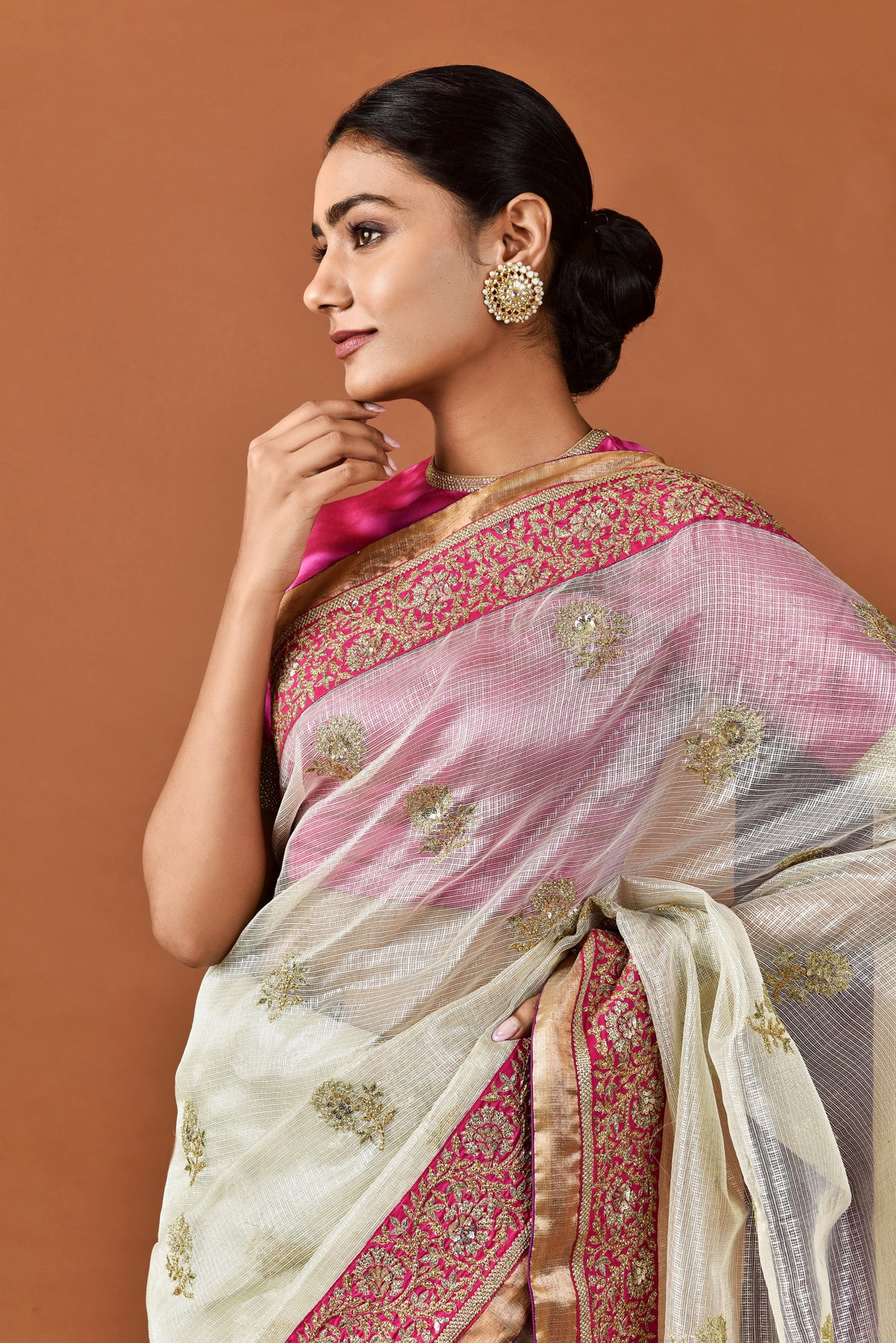 Kota Tissue Gulbahar Border Tape With Buties Embroidery Saree