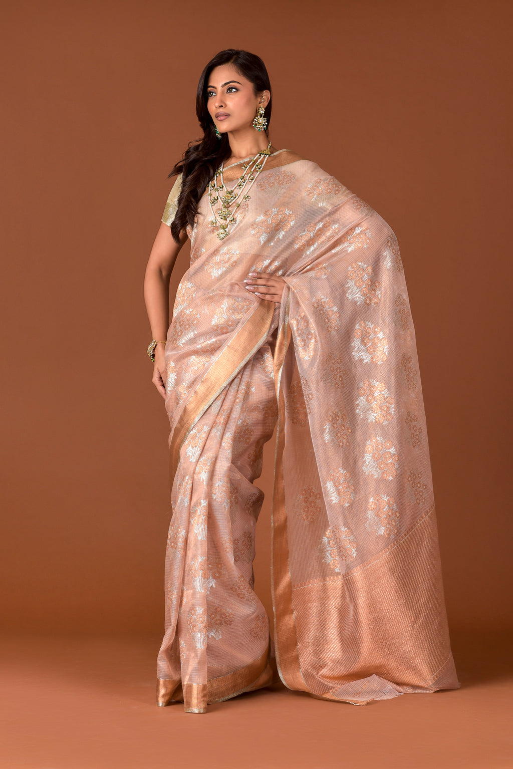 Kota Tissue Saree – Blush Pink | Guldasta Bouquet Weave with Badla & Meena | Rose Gold Zari Border | Handwoven Luxury Festive Saree