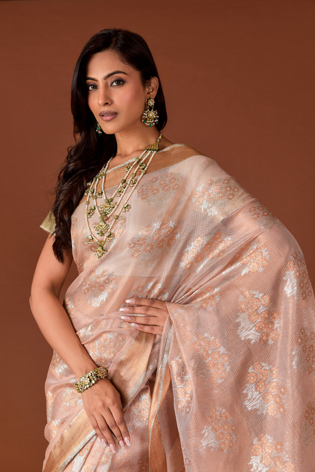 Kota Tissue Saree – Blush Pink | Guldasta Bouquet Weave with Badla & Meena | Rose Gold Zari Border | Handwoven Luxury Festive Saree