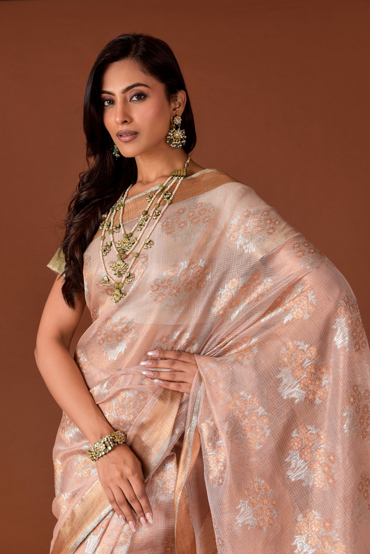 Kota Tissue Saree – Blush Pink | Guldasta Bouquet Weave with Badla & Meena | Rose Gold Zari Border | Handwoven Luxury Festive Saree