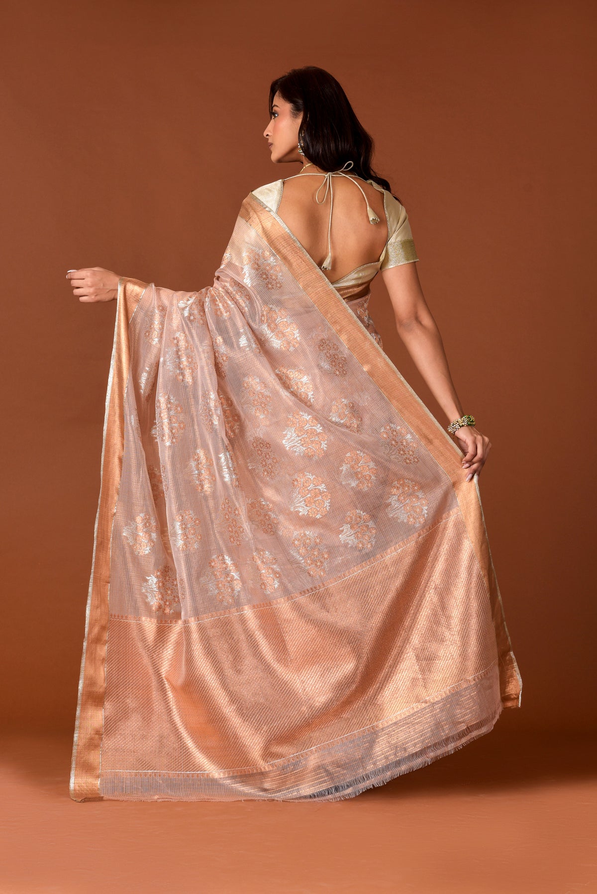 Kota Tissue Saree – Blush Pink | Guldasta Bouquet Weave with Badla & Meena | Rose Gold Zari Border | Handwoven Luxury Festive Saree