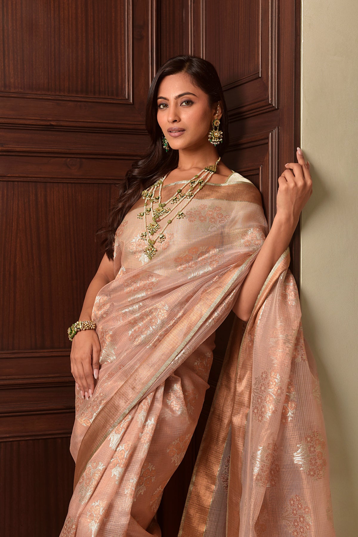 Kota Tissue Saree – Blush Pink | Guldasta Bouquet Weave with Badla & Meena | Rose Gold Zari Border | Handwoven Luxury Festive Saree