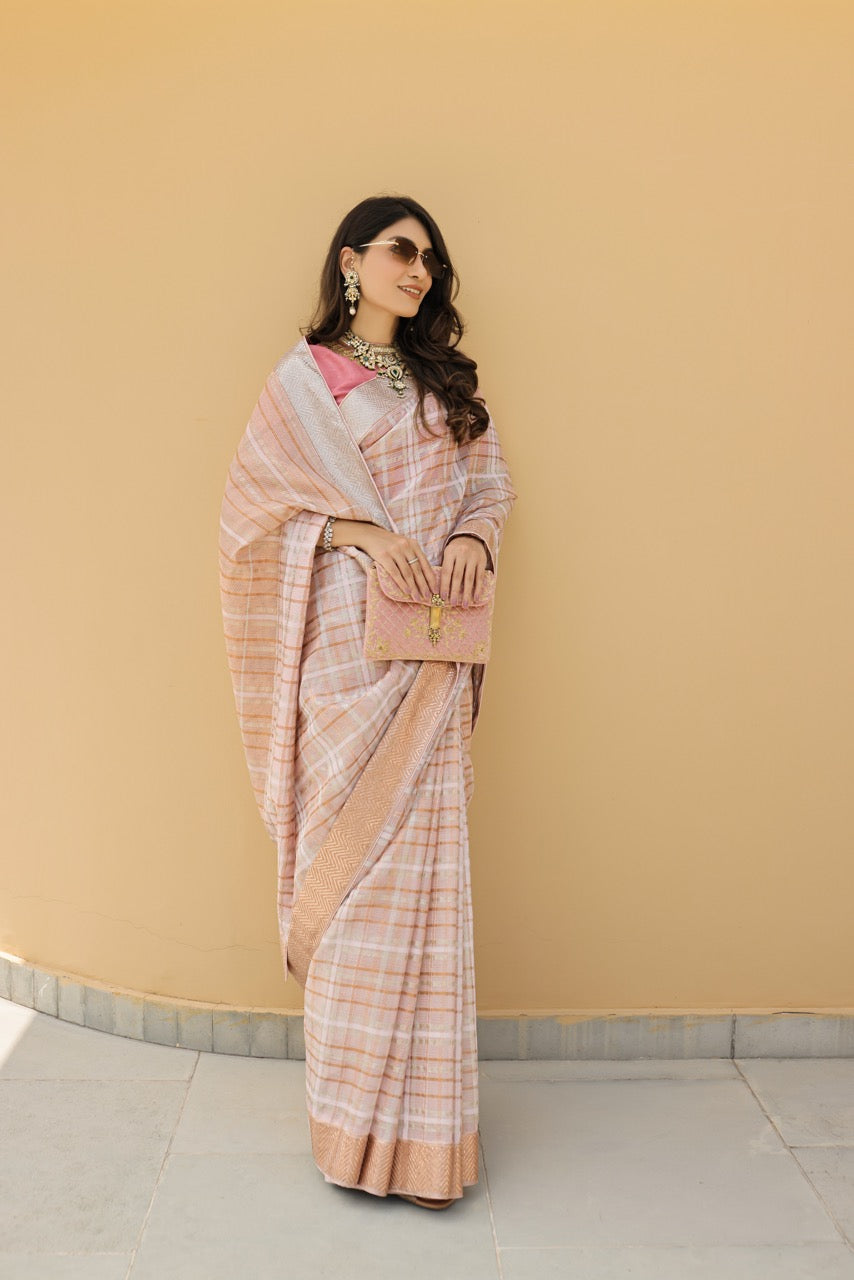 Kota Tissue Woven Tartan Weave Check With Floral Brocade Embroidery – Pink Saree