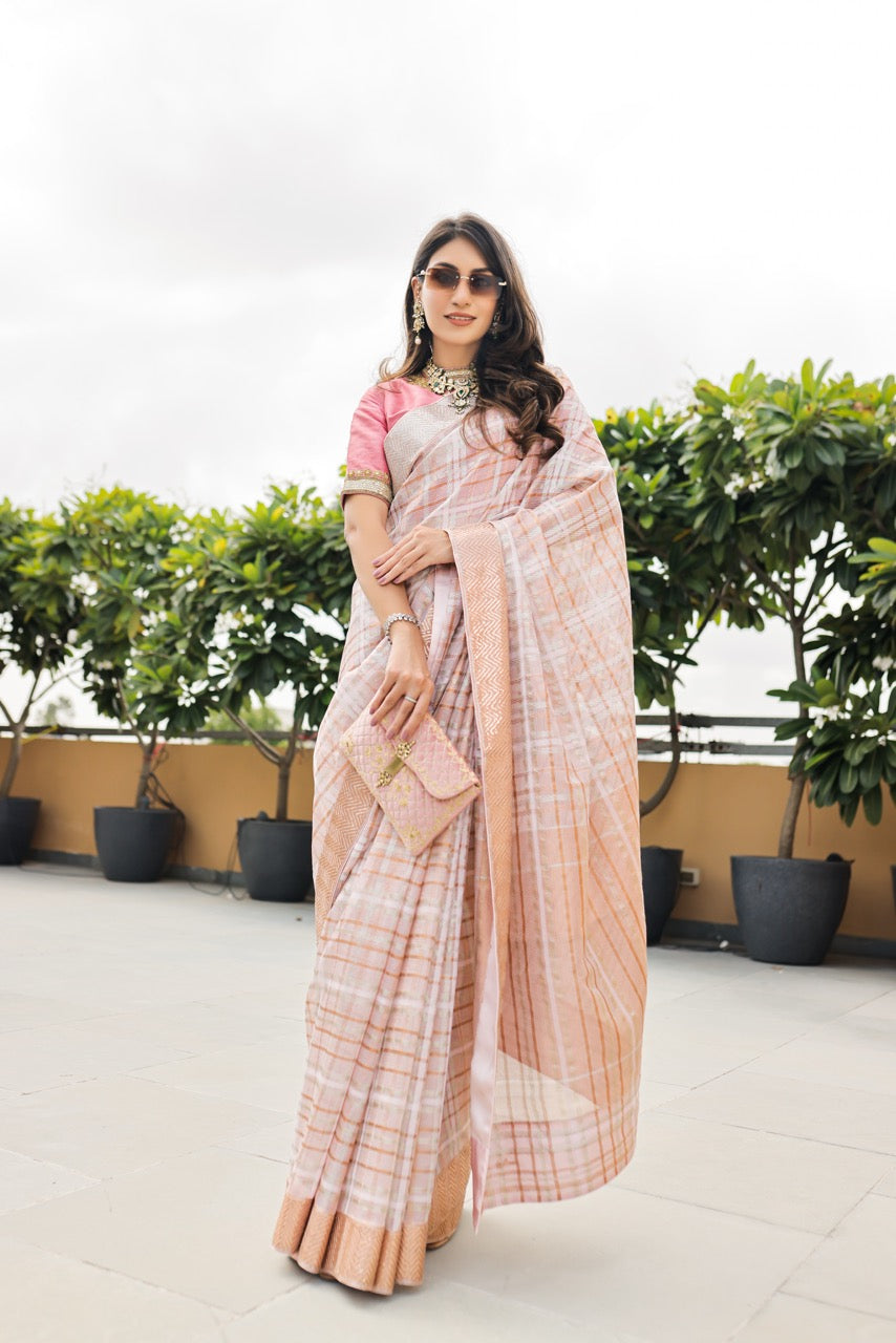Kota Tissue Woven Tartan Weave Check With Floral Brocade Embroidery – Pink Saree