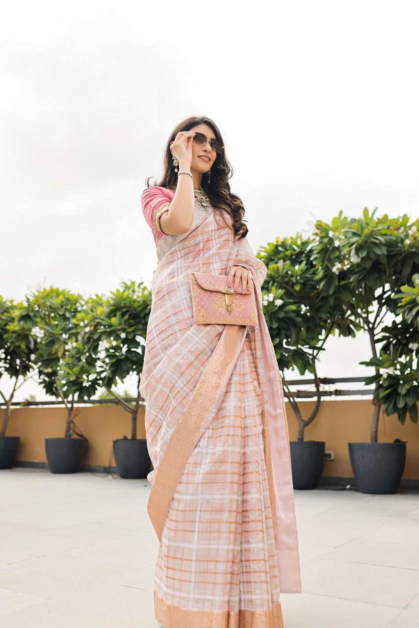 Kota Tissue Woven Tartan Weave Check With Floral Brocade Embroidery – Pink Saree