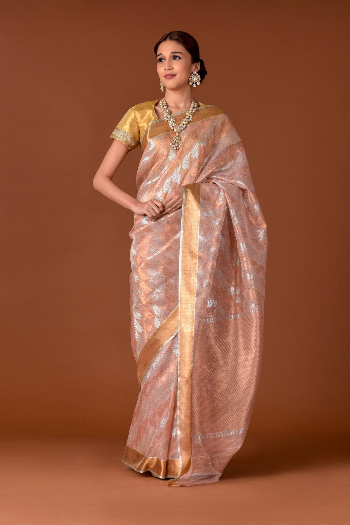 Kota Tissue Saree – Blush Pink | Mehaksha All-Over Silver & Gold Leaf Jaal Weave | Gold Zari Border | Handwoven Luxury Festive Saree
