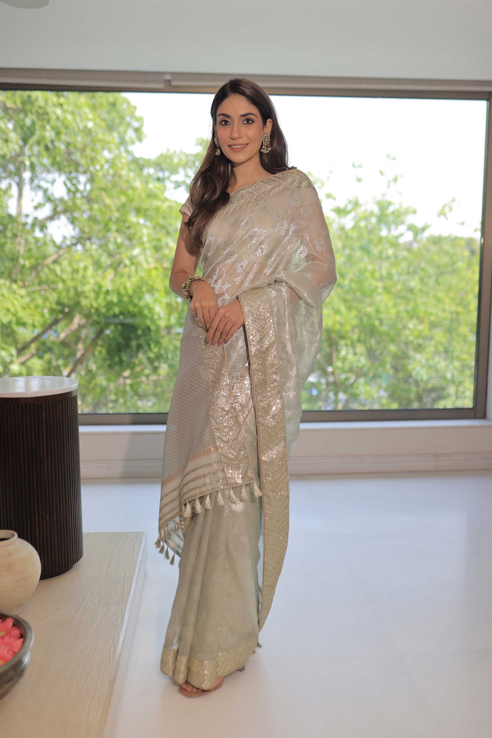 Kota Tissue Mumtaz Jaal with Francecut Embroidery & Buti Work Saree - Silver