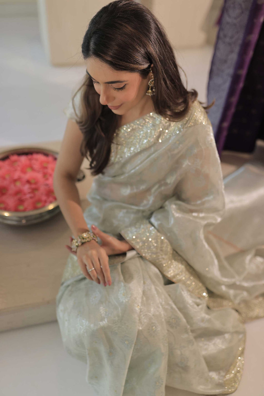 Kota Tissue Mumtaz Jaal with Francecut Embroidery & Buti Work Saree - Silver
