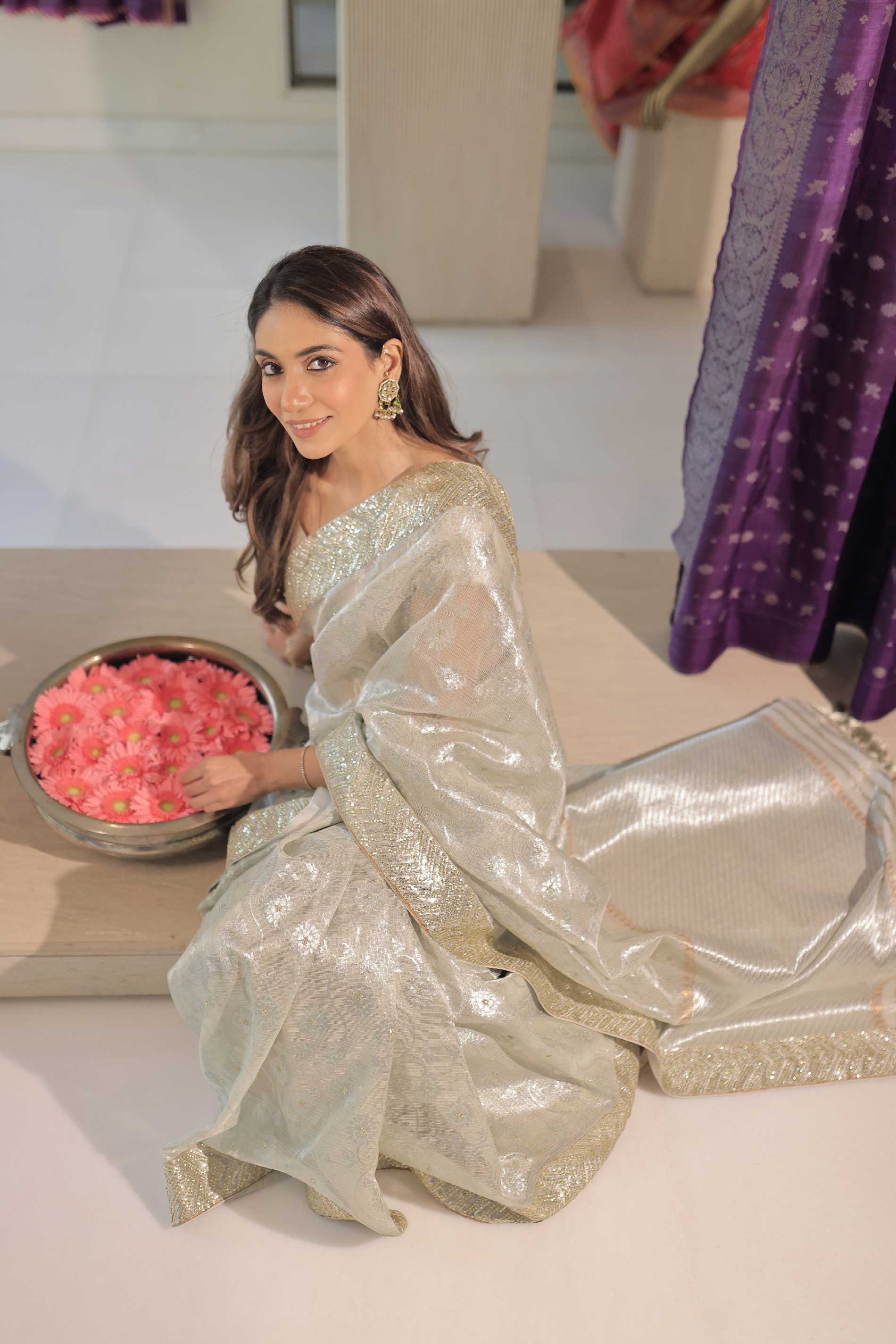 Kota Tissue Mumtaz Jaal with Francecut Embroidery & Buti Work Saree - Silver