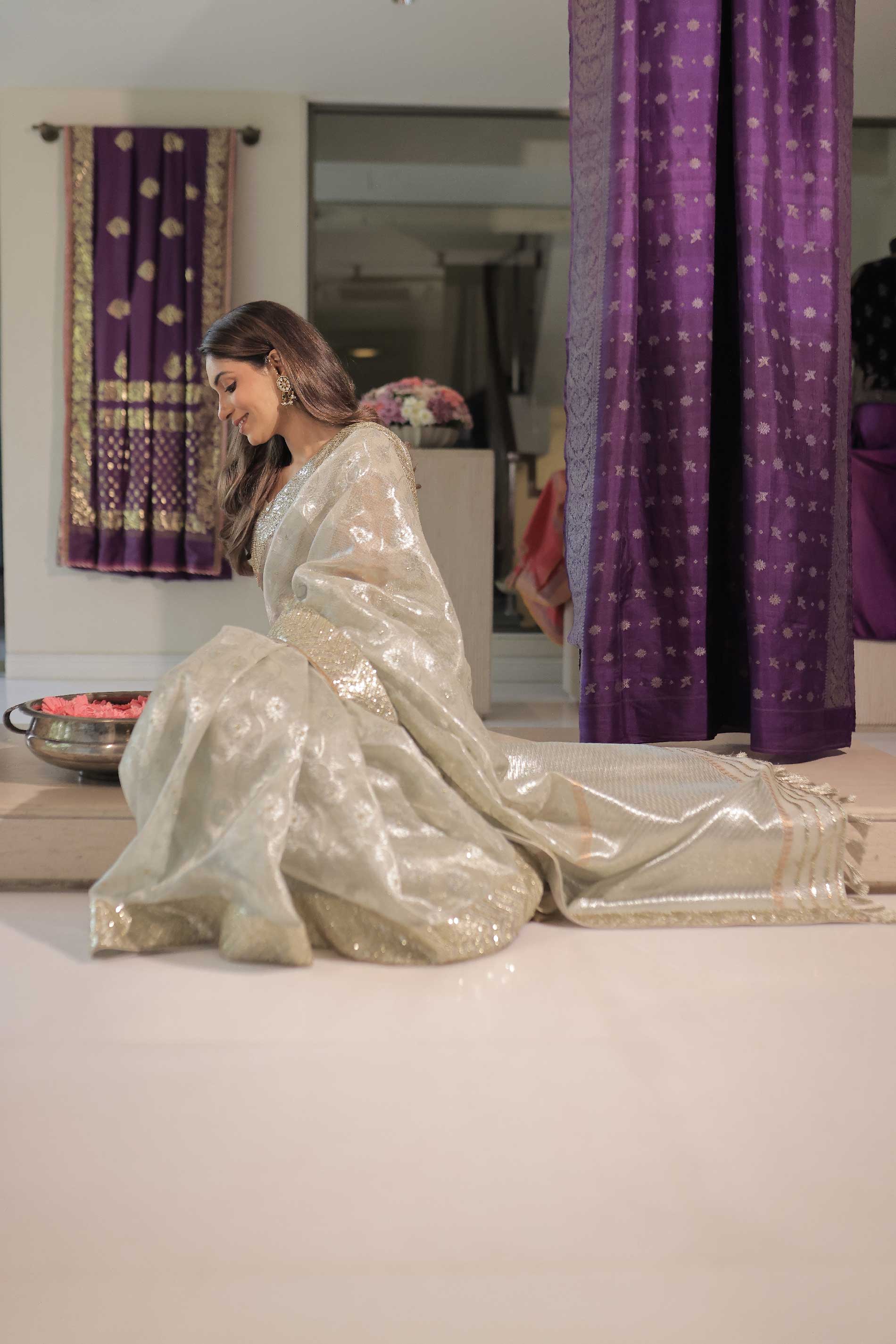 Kota Tissue Mumtaz Jaal with Francecut Embroidery & Buti Work Saree - Silver