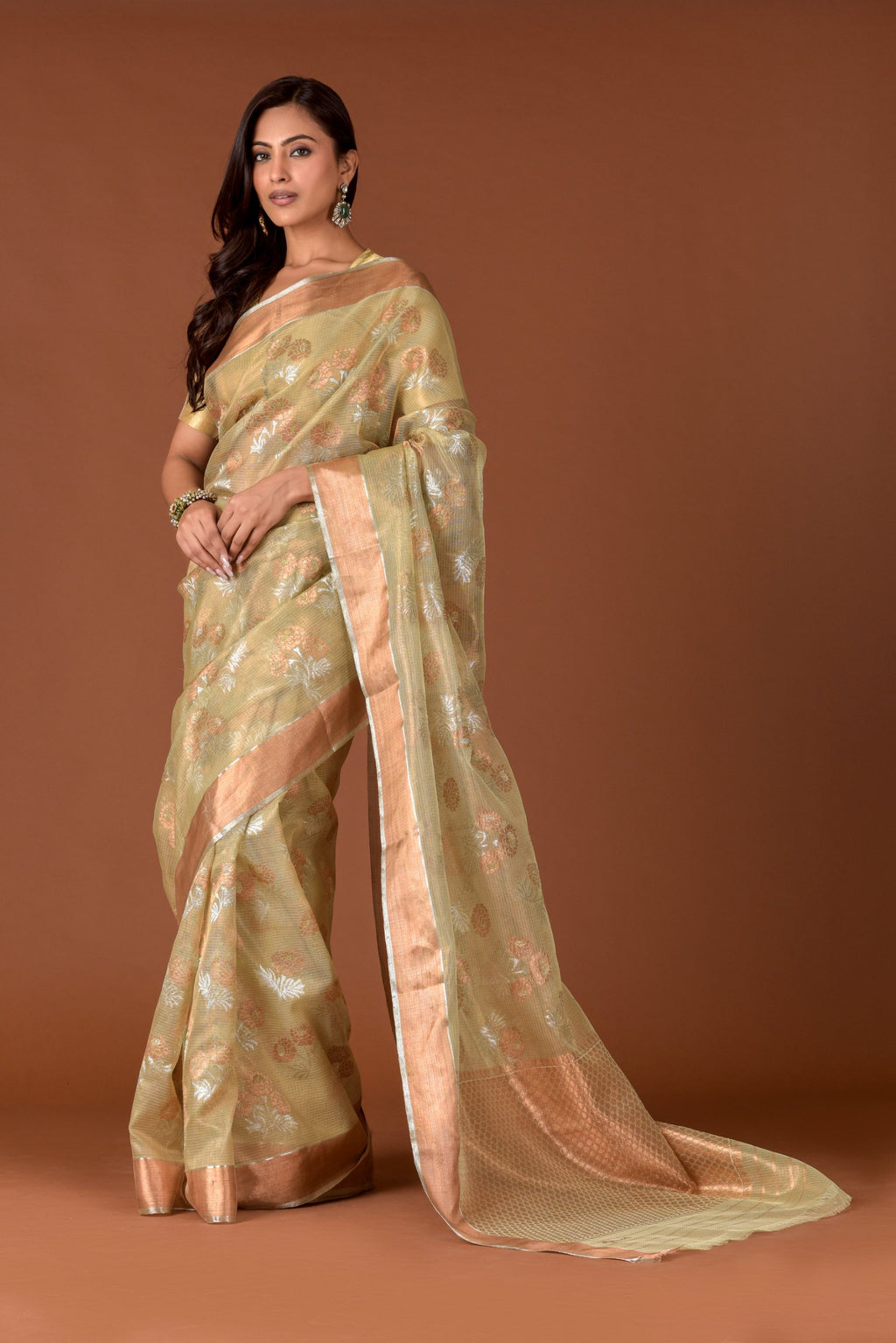 Kota Tissue Saree – Pistachio Green | Silver-Gold Tissue Ground | Scattered Floral Bouquet Butti in Copper & Silver Zari | Handwoven Kota Banarasi Saree