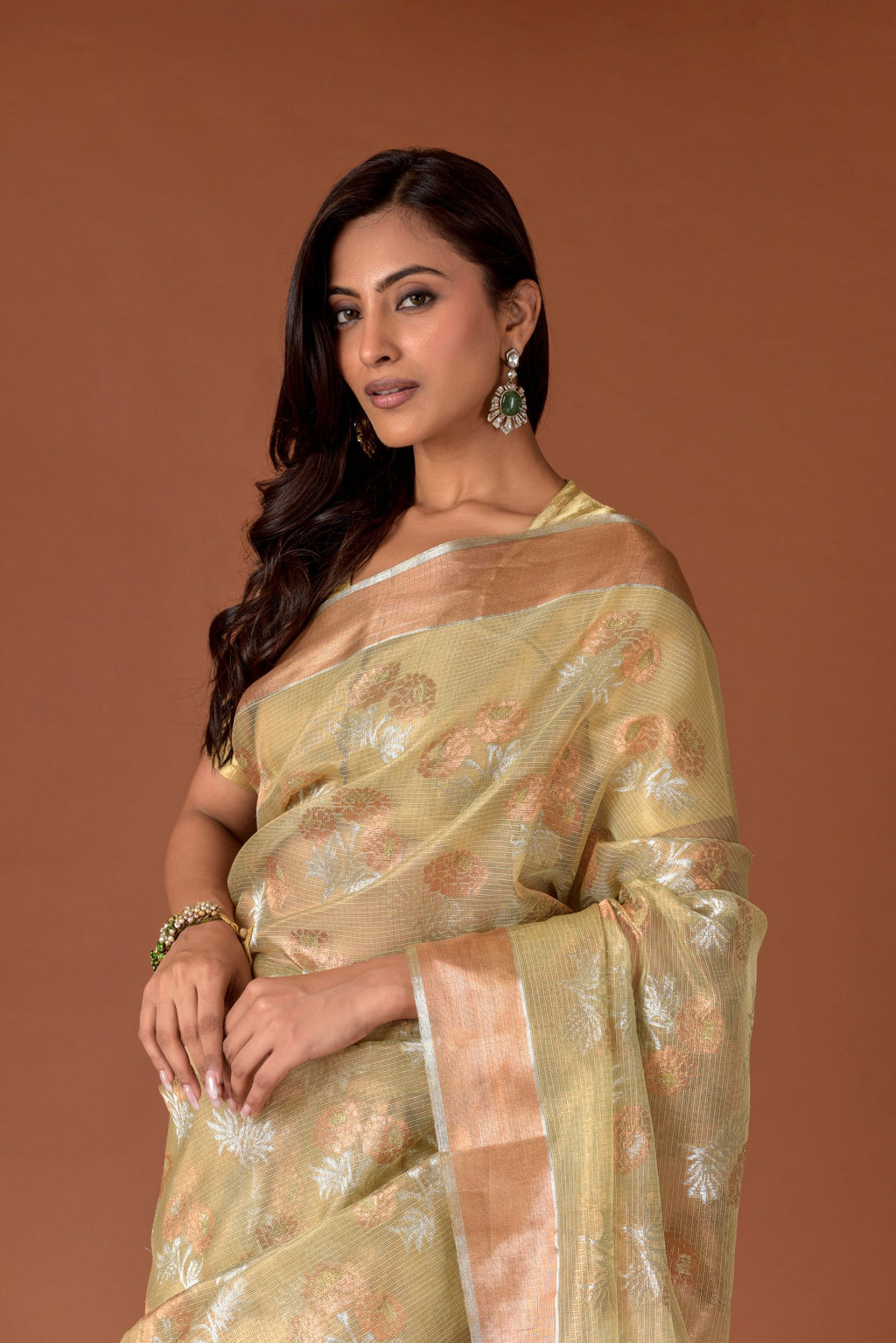 Kota Tissue Saree – Pistachio Green | Silver-Gold Tissue Ground | Scattered Floral Bouquet Butti in Copper & Silver Zari | Handwoven Kota Banarasi Saree