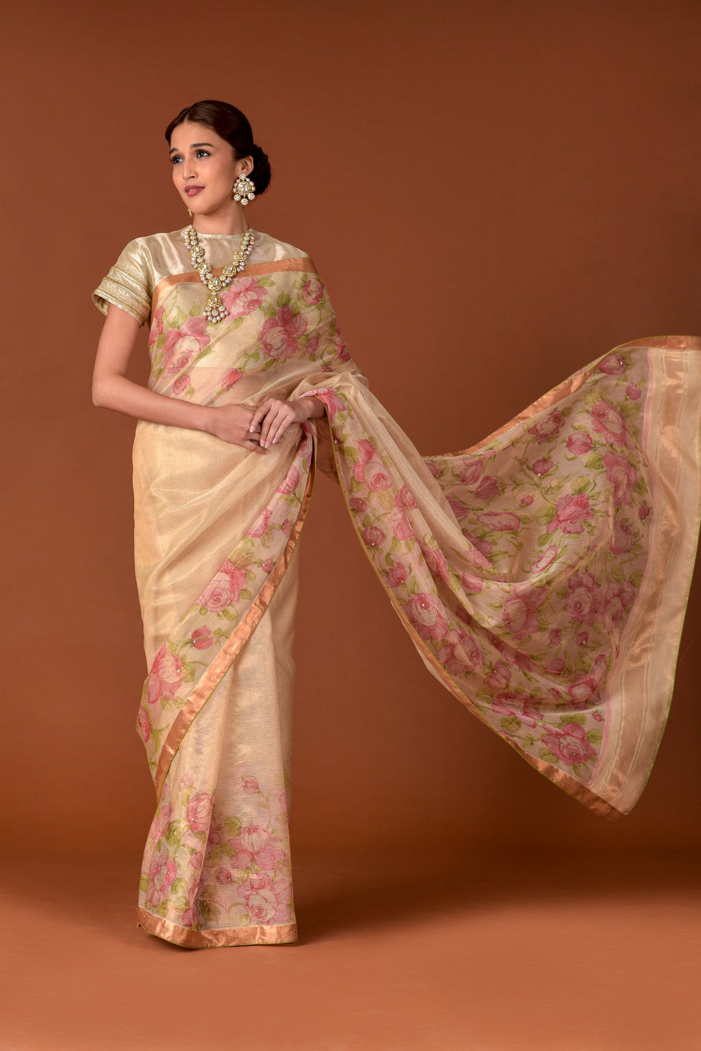 Kota Tissue Saree – Gold | Hand-Painted Rose Garden with Embroidery Highlights | Rose Gold Zari Border | Luxury Artisan Festive Saree