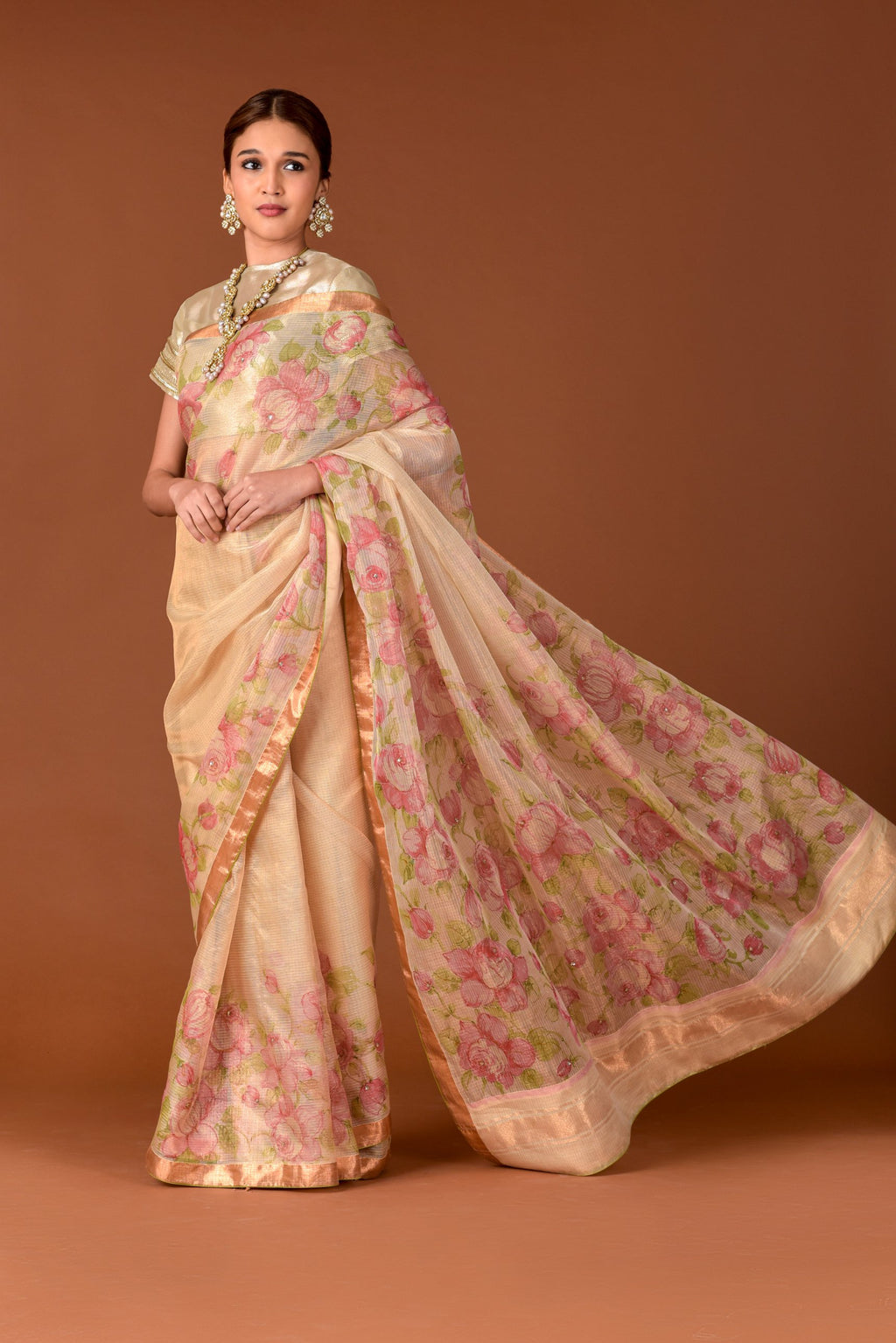 Kota Tissue Saree – Gold | Hand-Painted Rose Garden with Embroidery Highlights | Rose Gold Zari Border | Luxury Artisan Festive Saree
