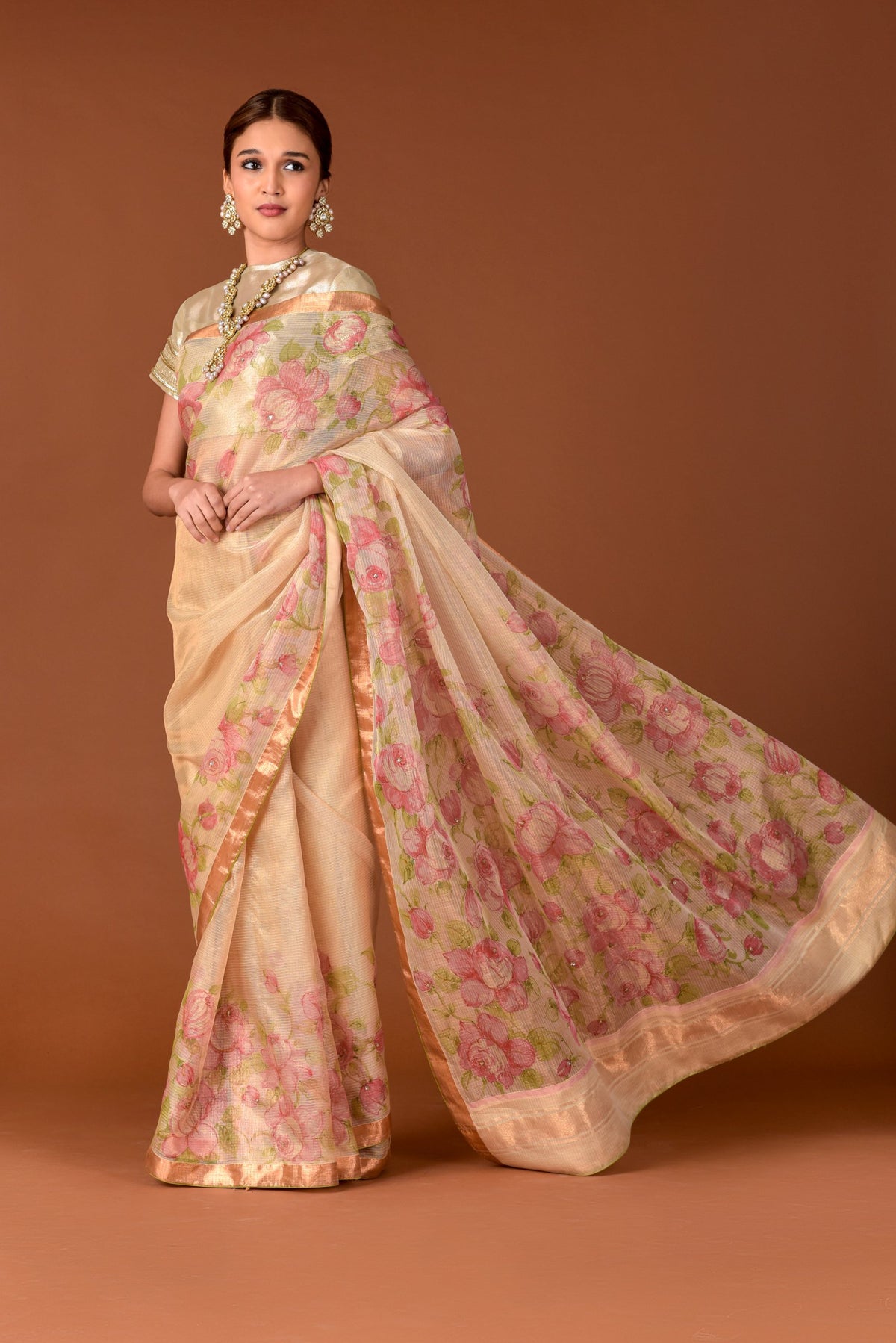Kota Tissue Saree – Gold | Hand-Painted Rose Garden with Embroidery Highlights | Rose Gold Zari Border | Luxury Artisan Festive Saree