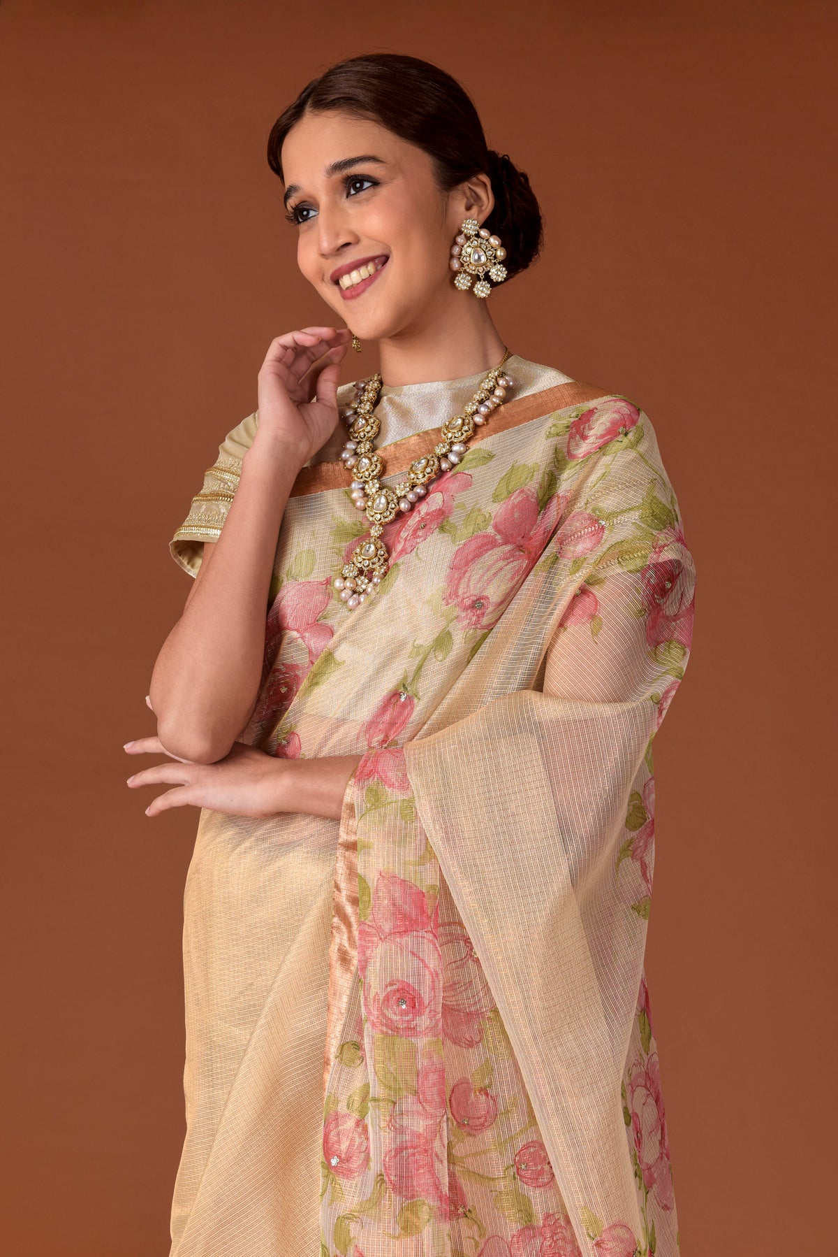 Kota Tissue Saree – Gold | Hand-Painted Rose Garden with Embroidery Highlights | Rose Gold Zari Border | Luxury Artisan Festive Saree