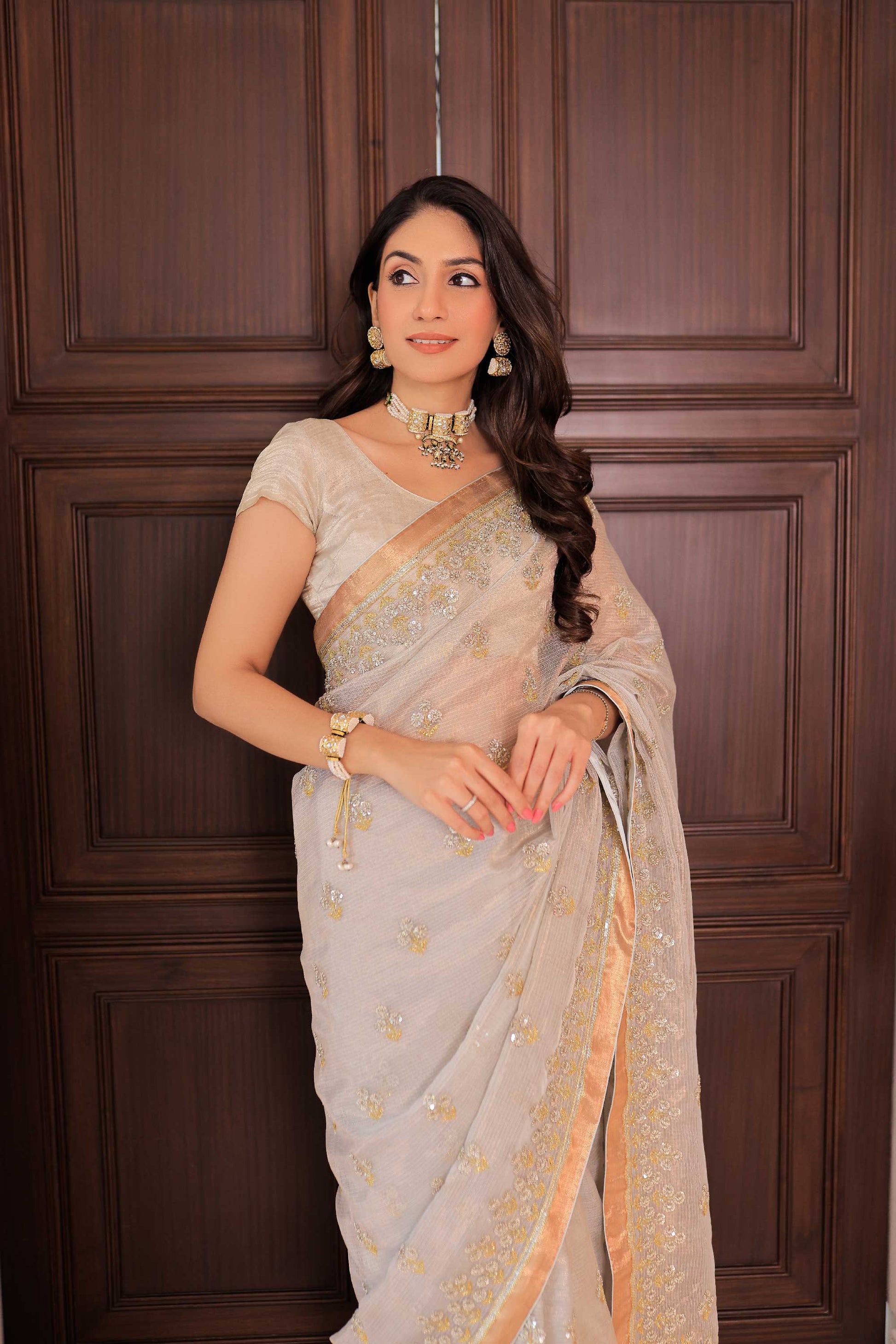 Kota Silk Asharfi Flower Buti Embroidery Saree Chiffon Blue