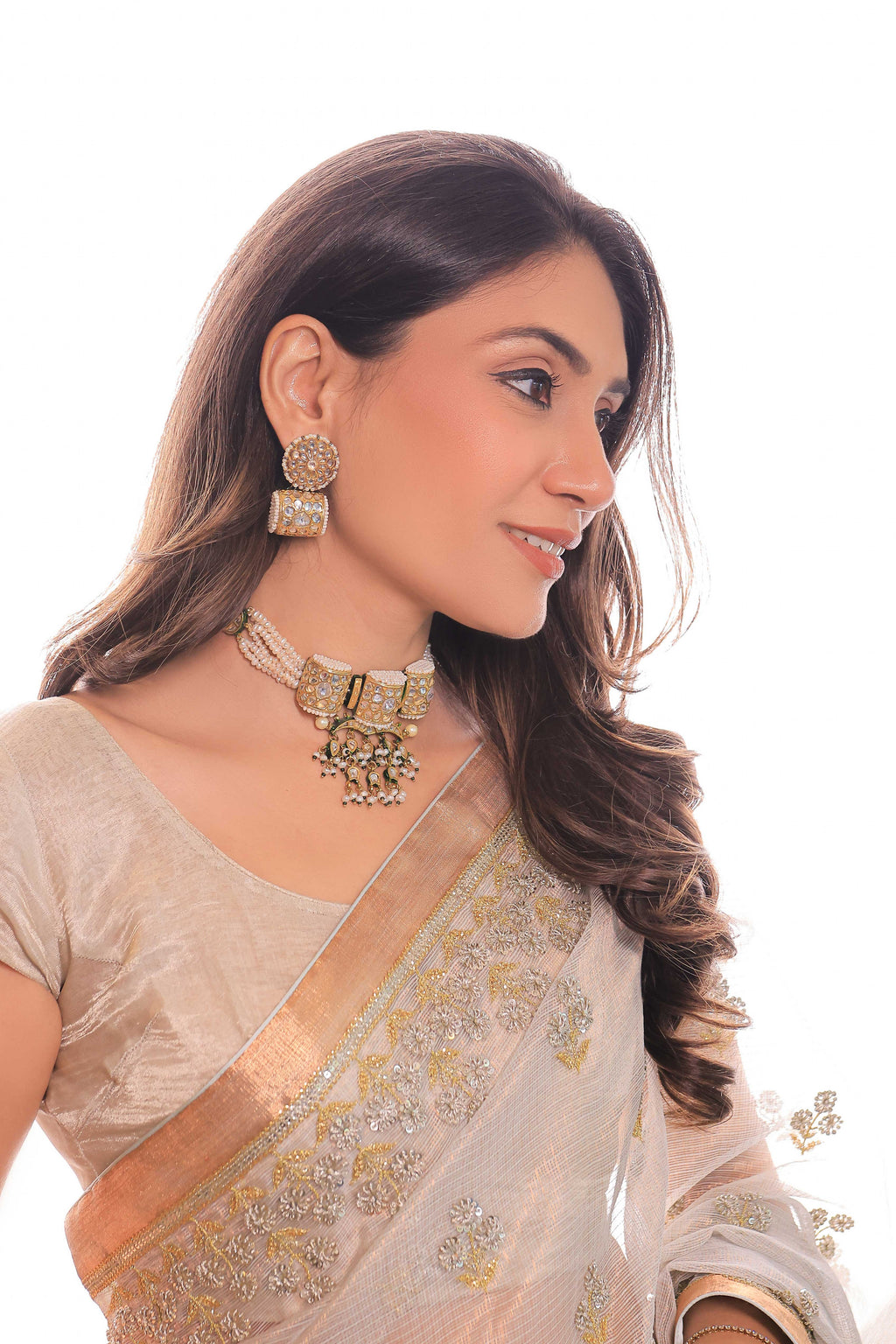 Kota Silk Asharfi Flower Buti Embroidery Saree Chiffon Blue