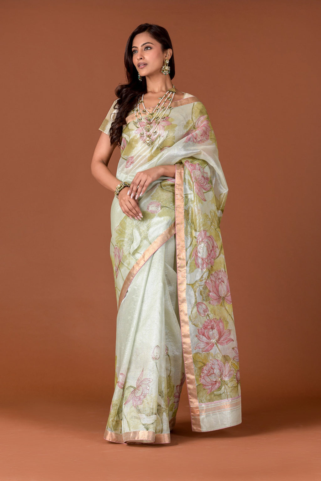 Kota Tissue Saree – Silver | Hand-Painted Lotus Garden with Sequin Highlights | Rose Gold Zari Border | Luxury Artisan Festive Saree