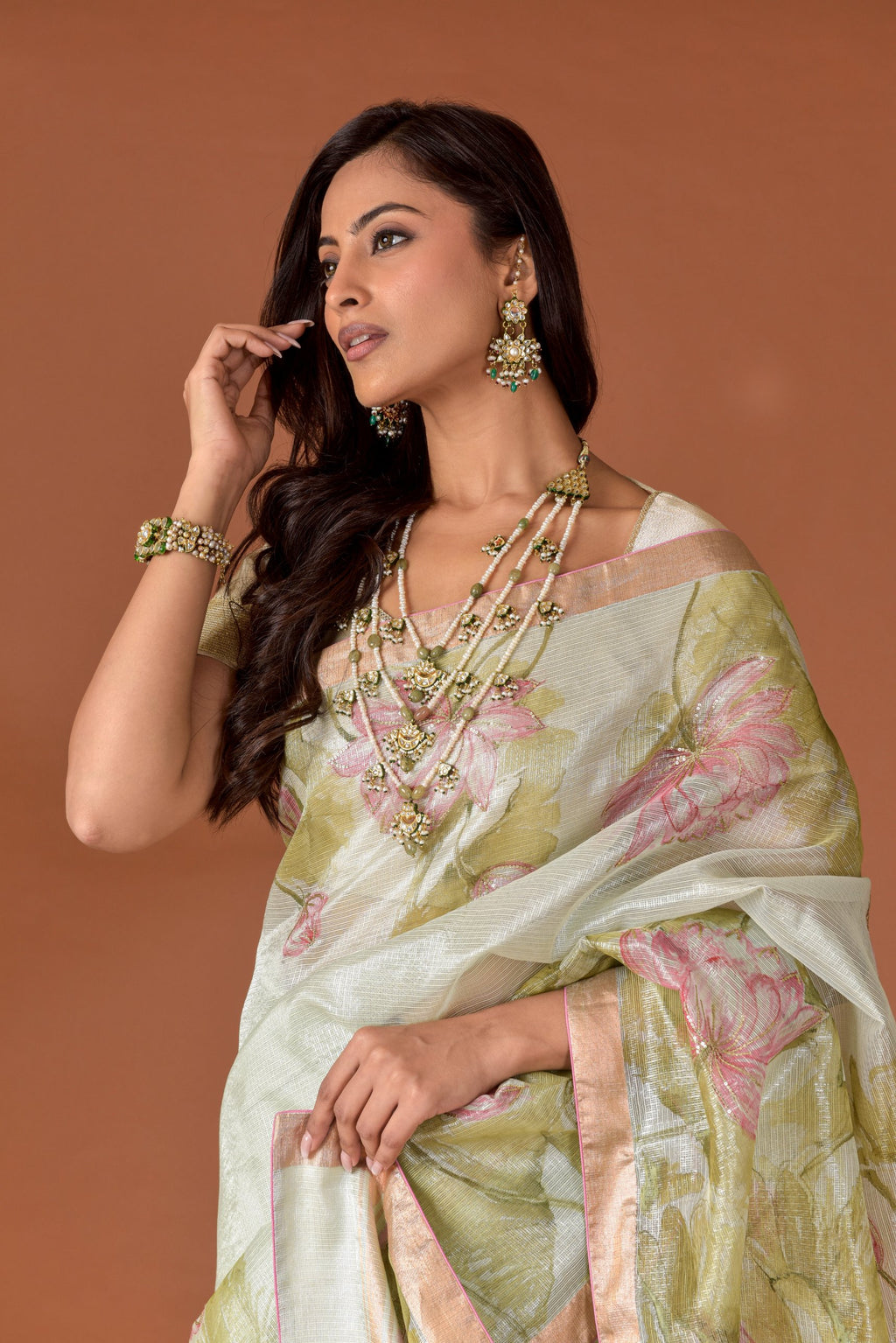 Kota Tissue Saree – Silver | Hand-Painted Lotus Garden with Sequin Highlights | Rose Gold Zari Border | Luxury Artisan Festive Saree